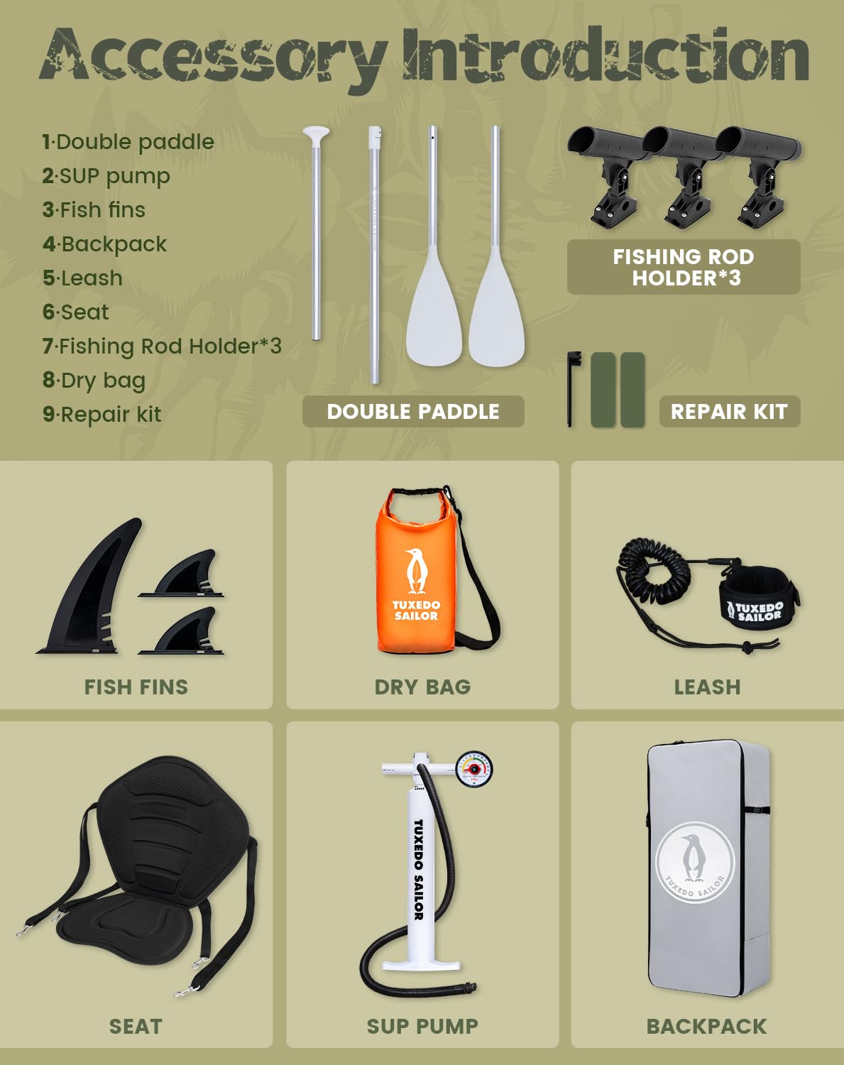 Tuxedo Sailor Large Size Inflatable Fishing 12'×34"×6" Extra Wide Paddle Board, Stand Up Paddleboard Complete Accessories, Fishing Support Bases, Kayak Seat