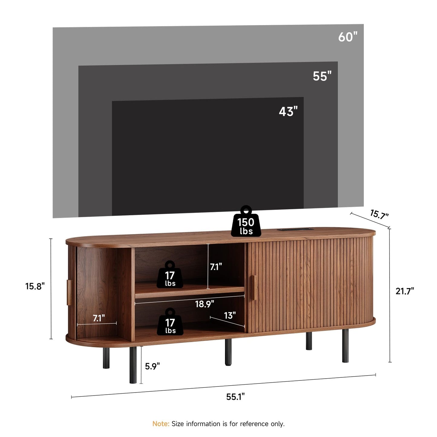55" TV Stand with Power Outlet, Mid-Century Modern Television Stand, Fluted Media Console with Sliding Doors, Entertainment Center for TVs up to 60 Inch, Adjustable Shelves, Walnut