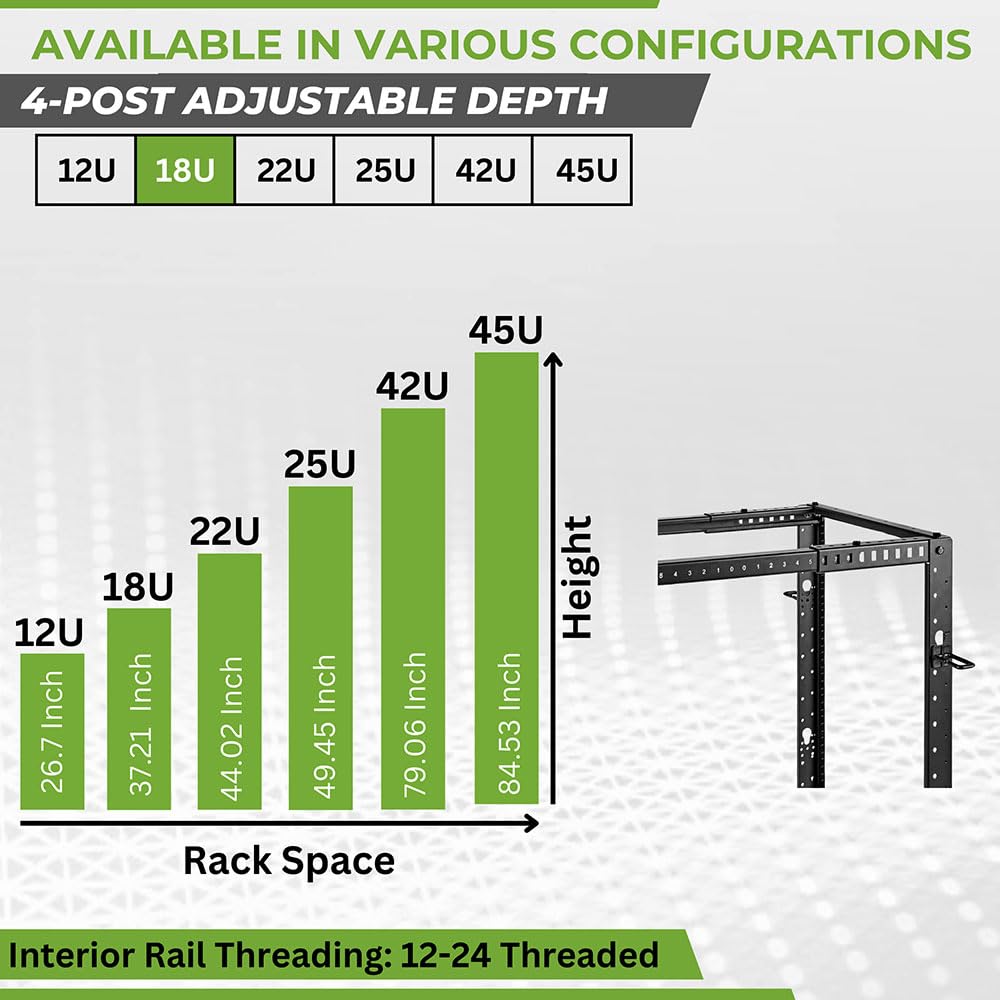 NavePoint 18U 4 Post Server Rack – Open Frame Rack for 19 Inch Equipment, Adjustable Depth 4-Post Network Rack with Casters Wheels, 18U Server Rack 1320lbs Capacity, Black