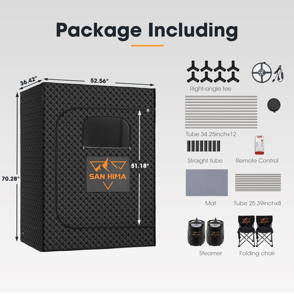 SAN HIMA 2 Person Portable Sauna for Home, Steam Sauna Box with Red Light Therapy, 3L 1500W Steamer, 9 Heat Levels, 90 Minute Timer, Foldable Chair, Remote Control, Indoor Home Spa Sauna Tent
