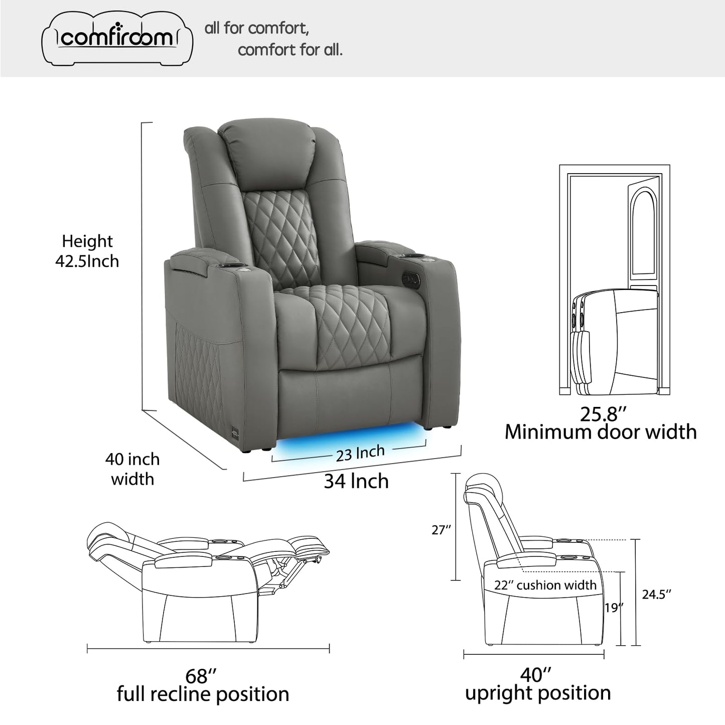 comfiroom Top Grain Leather Home Theater Seating, Classic Series Game Seats Movie Recliner Theater Chairs Recliner Sofa with Type-C Charger Bedroom Sofa Chair for Living Room (Grey, Row of 1)