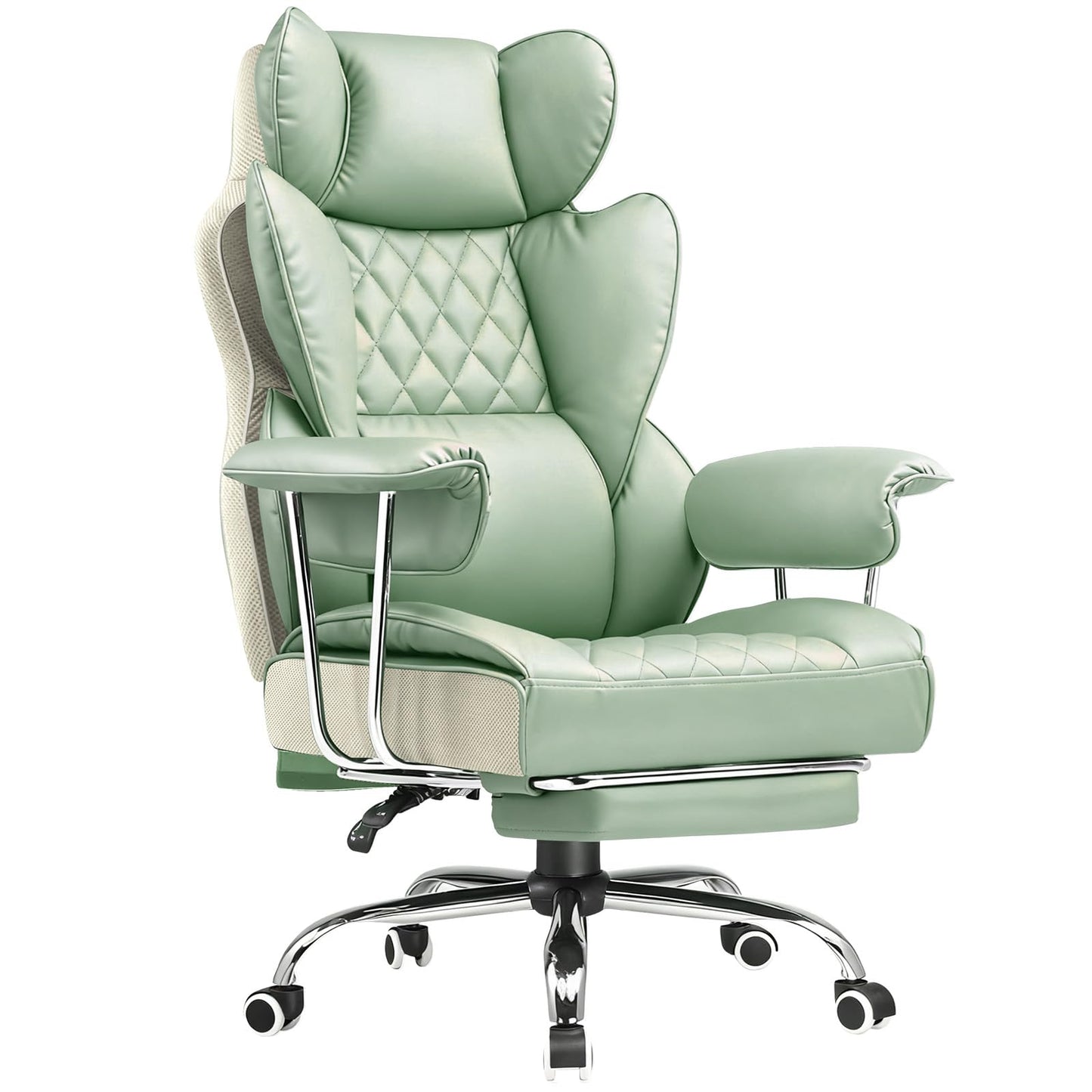 COMHOMA Big and Tall Office Chair, High Back Leather Gaming Chair with Footrest, Executive Ergonomic Office Chairs with Pocket Spring Lumbar Support and with Outward Fixed Soft Armrests