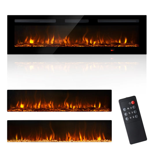 OneBlis Electric Fireplace, 60 inch Wide Recessed/Wall Mounted Electric Fireplace, Remote Control with Timer 12 Adjustable Color Flame, Remote Control, Log Set & Crystal