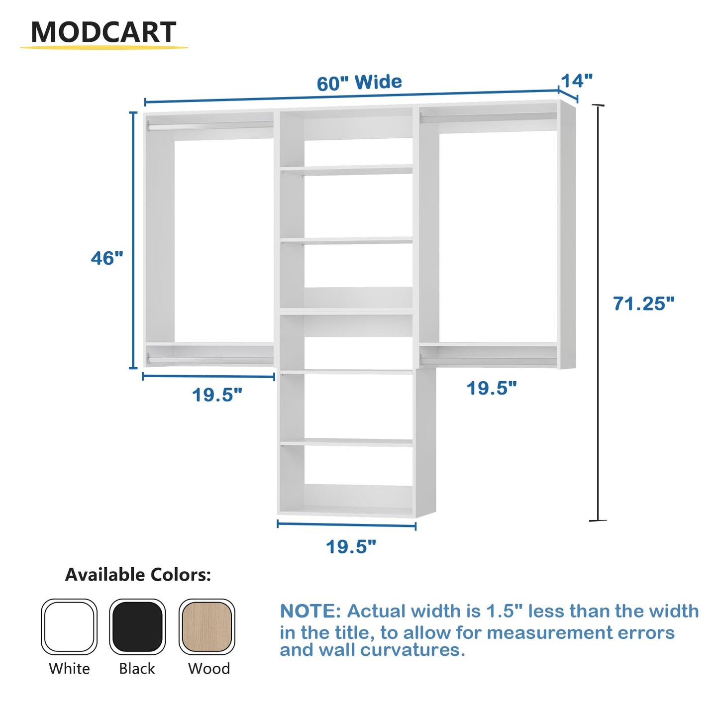 MODCART Modular Closet System, 60" Wide Closet Organizer System with Hanging and Towers, Wood Tower Closet Storage for Walk In Closets, Wall Mounted Wardrobe Organizer Kit System, Bedroom, White