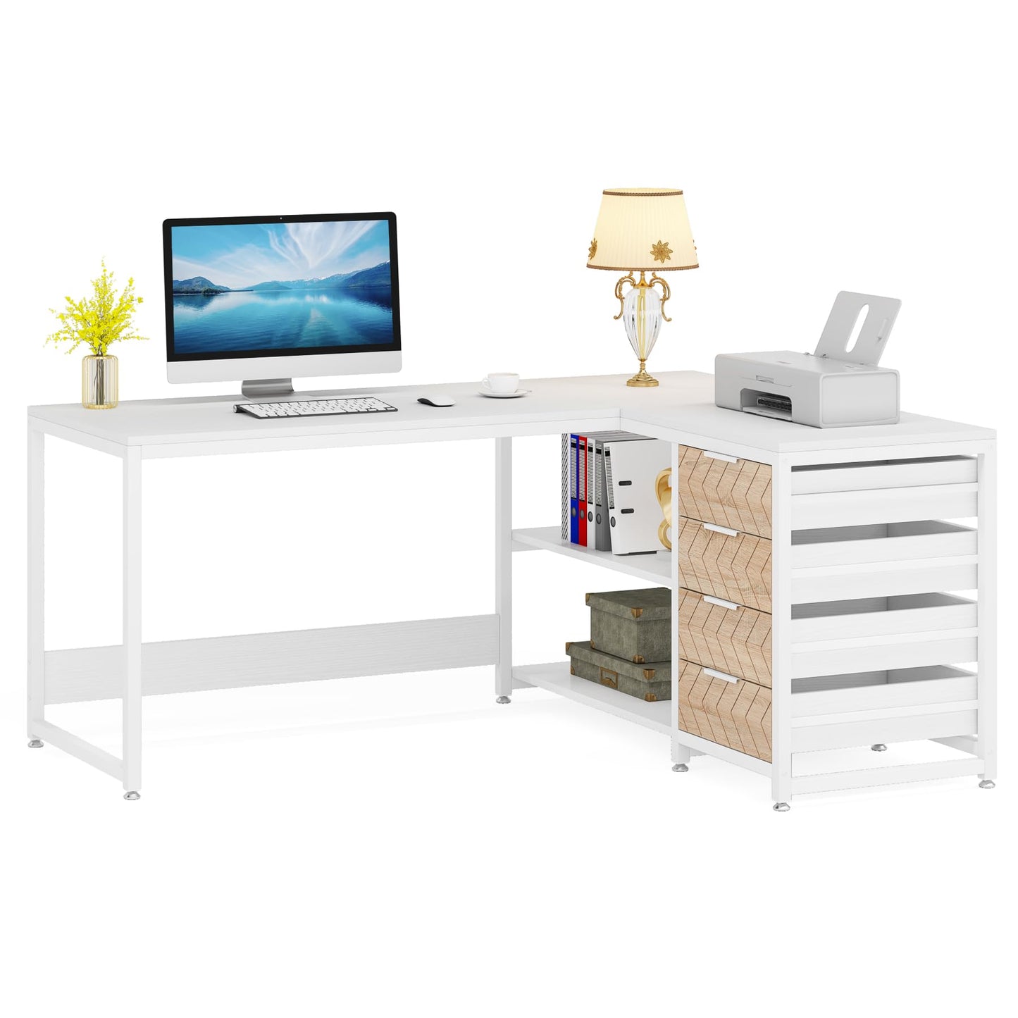 LITTLE TREE 59-Inch L Shaped Desk with Drawers, Large Computer Desk with Storage Shelves, Reversible L-Shaped Corner Desk Workstation for Home Office