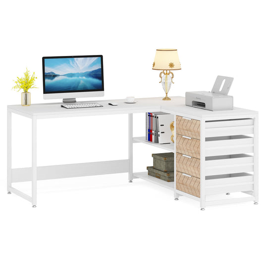 LITTLE TREE 59-Inch L Shaped Desk with Drawers, Large Computer Desk with Storage Shelves, Reversible L-Shaped Corner Desk Workstation for Home Office