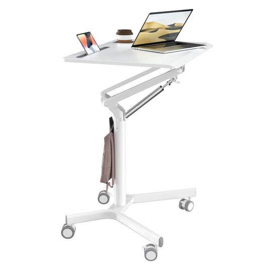 JOY worker Mobile Standing Desk, 28 inch Small Height Adjustable Rolling Laptop Desk, Portable Sit Stand Desk with Lockable Wheels, Ergonomic Desktop Table for Home Office, White