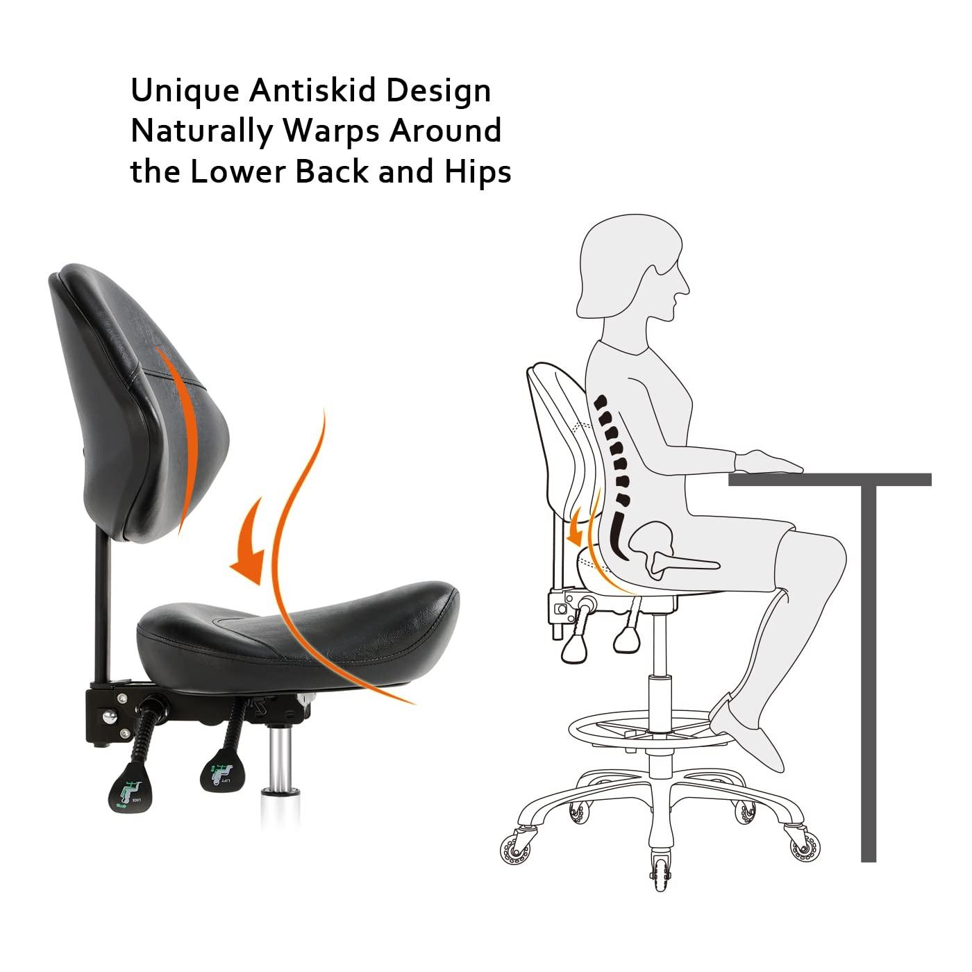Nazalus Saddle Stool Chair with Back Support Footrest, Heavy-Duty(350LBS), Hydraulic Rolling Swivel Adjustable Stool Chair for Salon Spa Beauty Massage Dental Clinic Home Office Use
