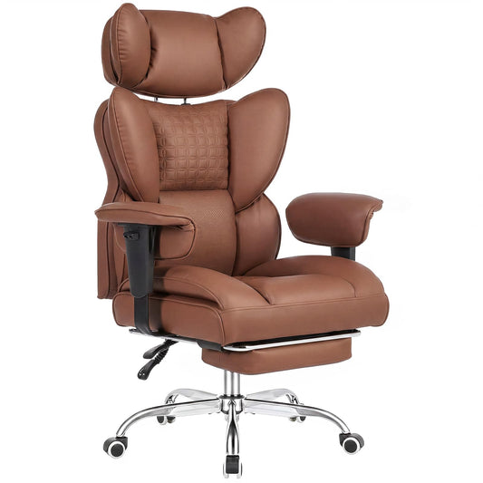 DUMOS Big and Tall Home Office Desk Chair, Gaming Computer Chair, Executive Ergonomic Chair with Footrest, High Back Reclining, Adjustable Armrests and Comfy Lumbar Support, PU Leather, Brown