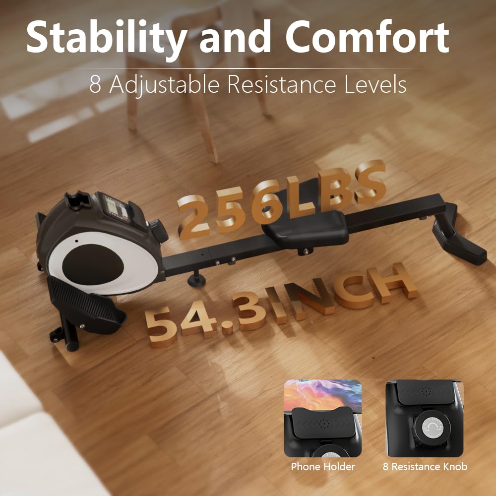 Magnetic Rowing Machine for Home | Adjustable 8-Speed Booster | Burn Fat & Sculpt Muscles | Supports Up to 265 LBS | Phone/Tablet-Ready Design