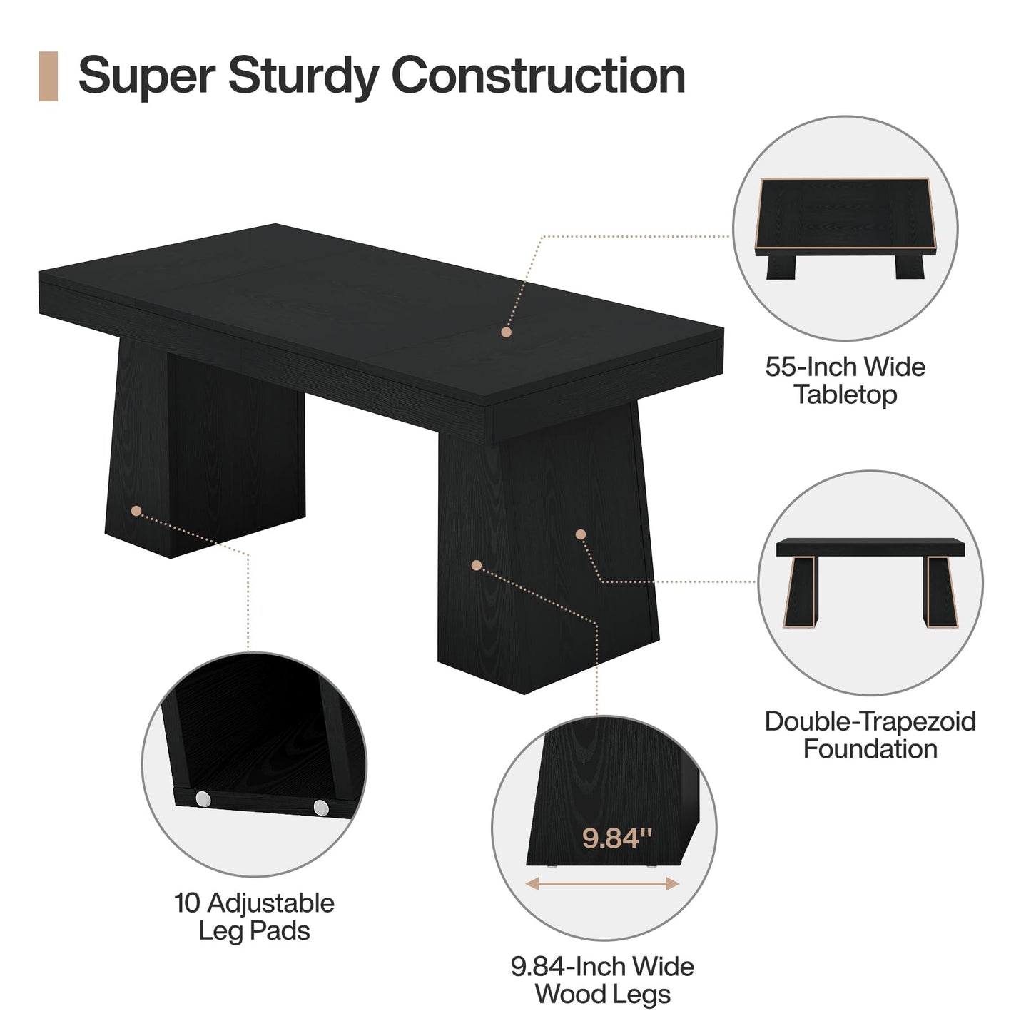 Tribesigns 55" Executive Desk, Wooden Office Desk with Double Pedestal, Modern Simple Computer Writing Table for Home Office, Black