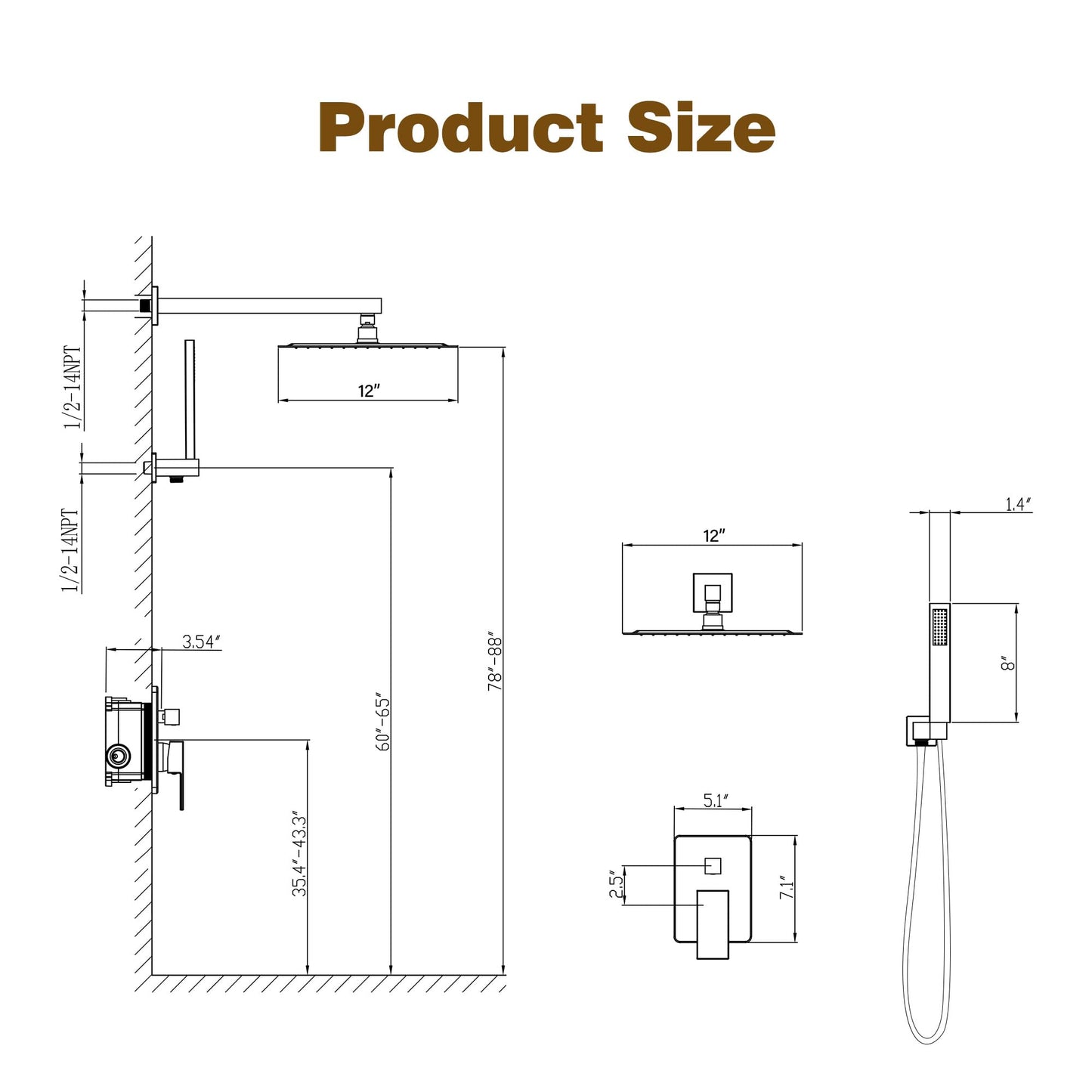 ESNBIA Gold Shower System, 12 Inches Shower faucet Set with Pressure Balance Shower Valve, High Pressure Gold Shower Head and Handle Set, Wall Mounted Shower Fixtures, Brushed Gold