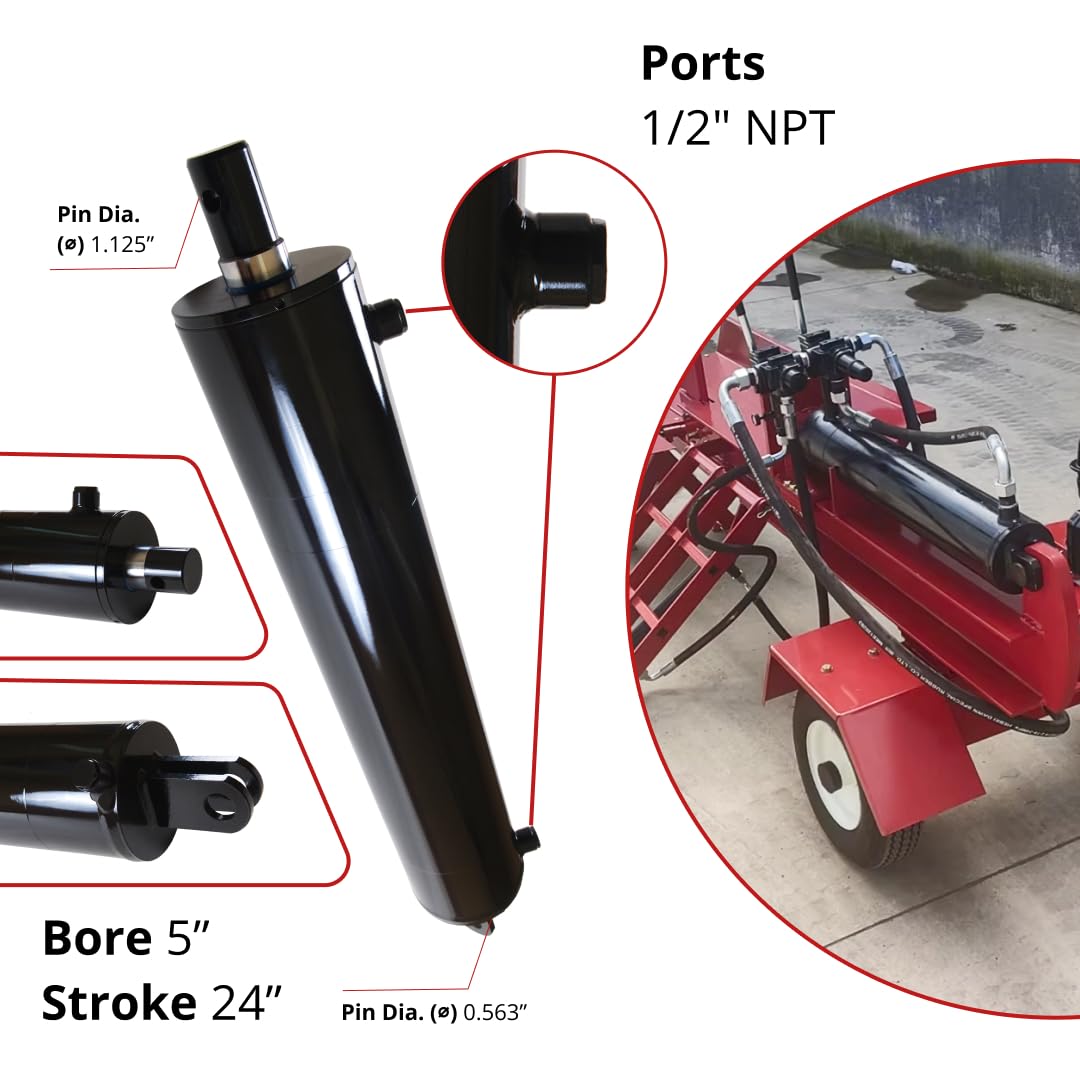 Magister Hydraulics Log Splitter Cylinder 5 in Bore x 24 in Stroke x 2 in Rod - Welded Double Acting Hydraulic Cylinder for Wood Splitter - Heavy-Duty Log Splitter Ram 5x24