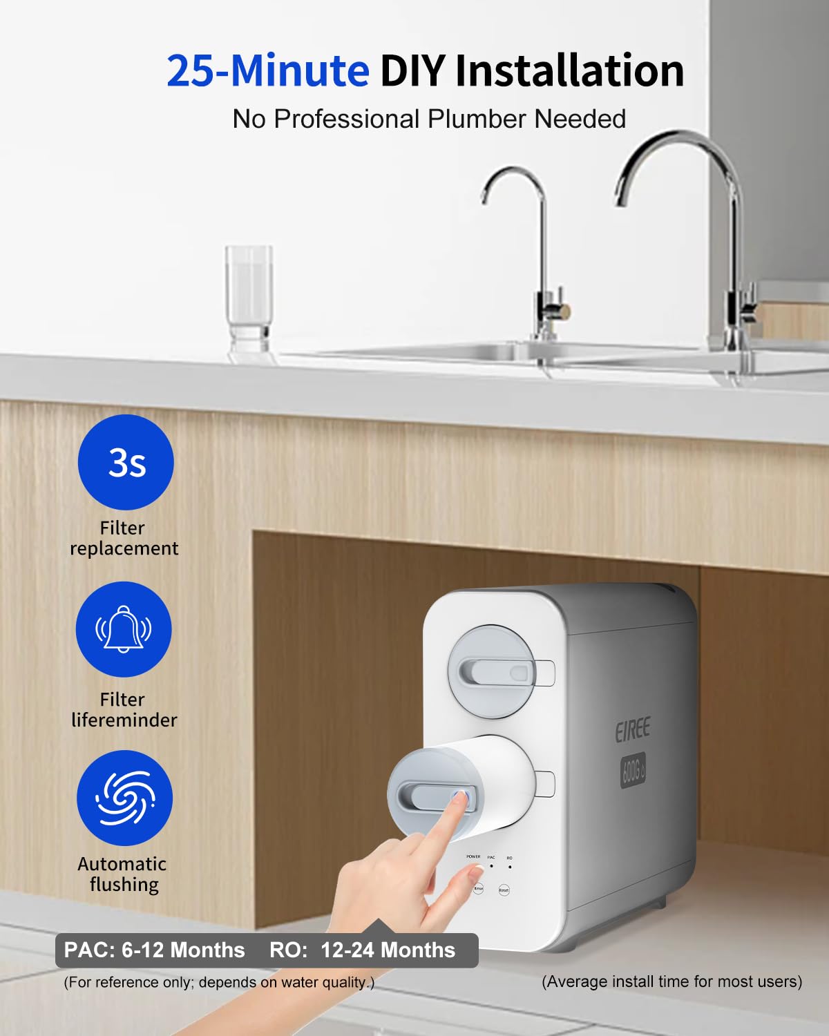 Eiree C6 Tankless Reverse Osmosis System, NSF/ANSI 42 & 372 Certified, 600GPD Under Sink RO Water Filter with 2:1 Pure to Drain Ratio, Reduces TDS & Odor for Clean Drinking Water