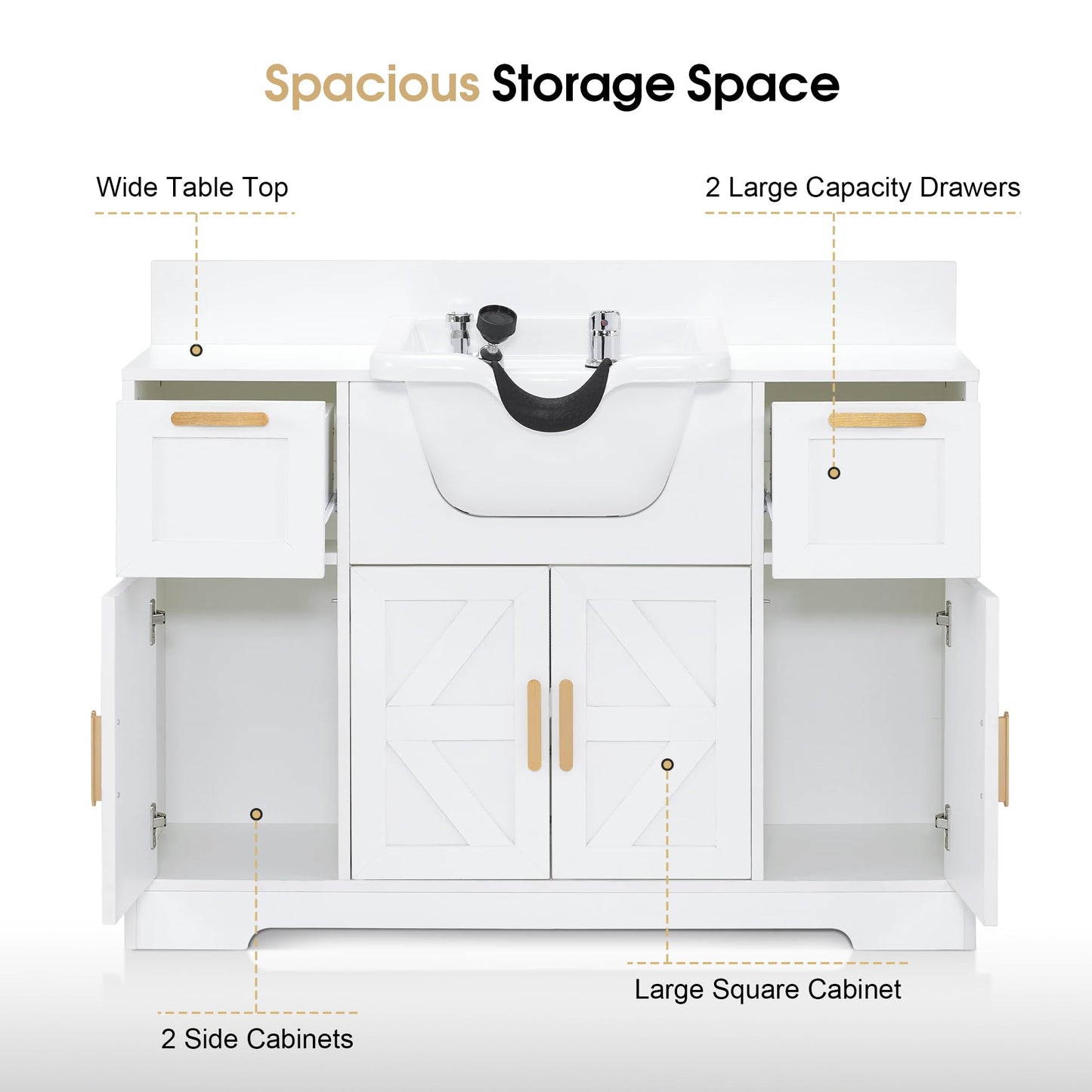 BarberPub Portable Shampoo Station, Shampoo Bowl with Cabinet & Drawer, Salon Geometric Finish Station with Sprayer Faucet, Barber Storage Equipment with Hair Wash Backwash Sink 3439 (All White)
