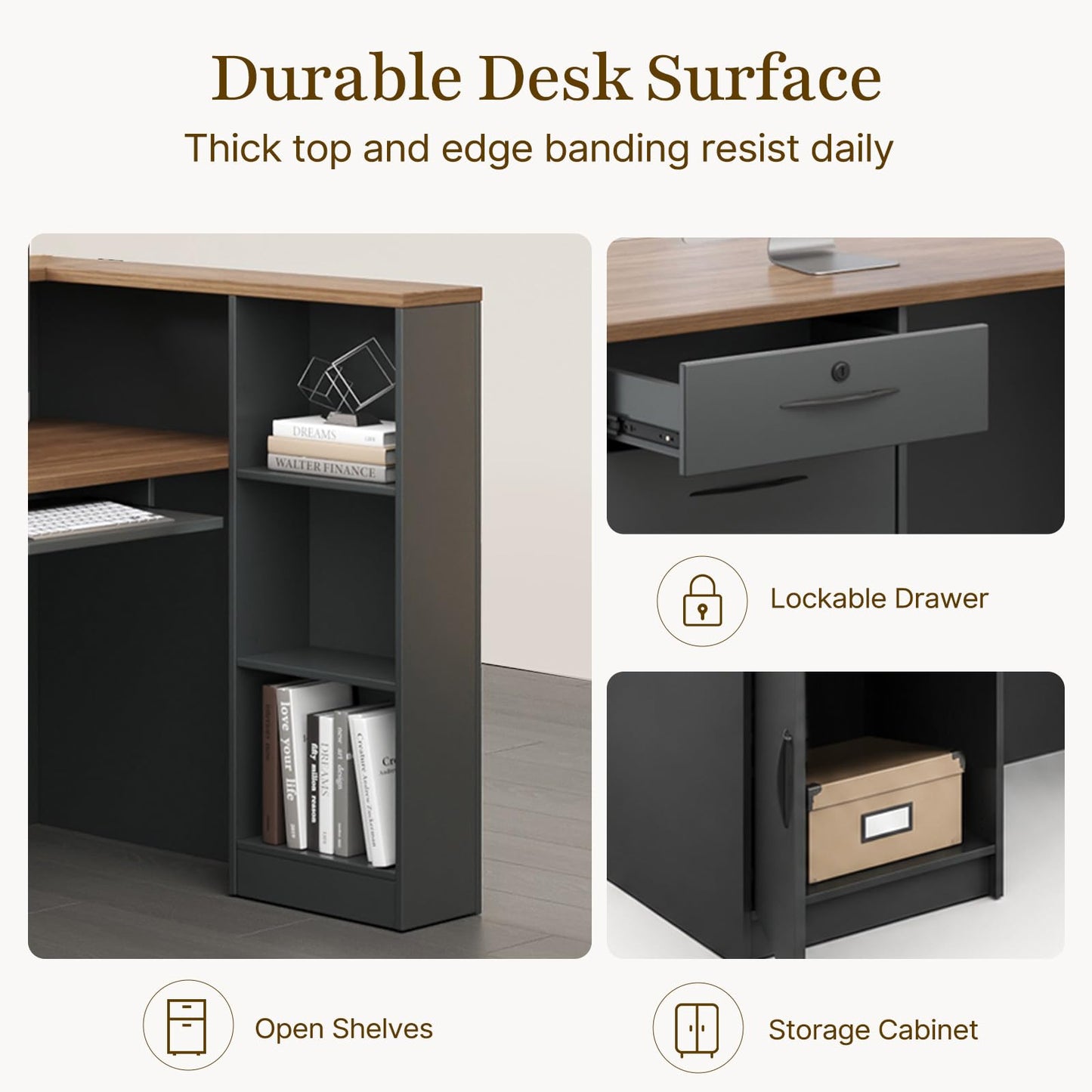 Nuipesn 87" Modern L-Shaped Reception Desk, Front Desk Counter with Drawer, Keyboard Tray and Storage Shelves, Left Layout, Dark Walnut
