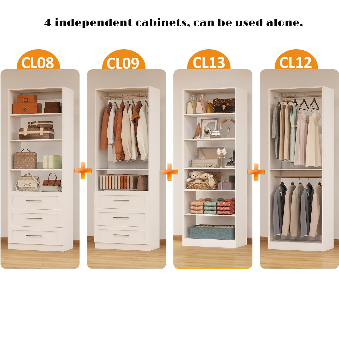 dooloric Closet System with 4 Sets, 8-21FT Closet Organizer Systems with 6 Drawers & 7 Hanging Rods & Adjustable Shelves, Walk in Closet Standalone Closet System Modular Closet System Set White