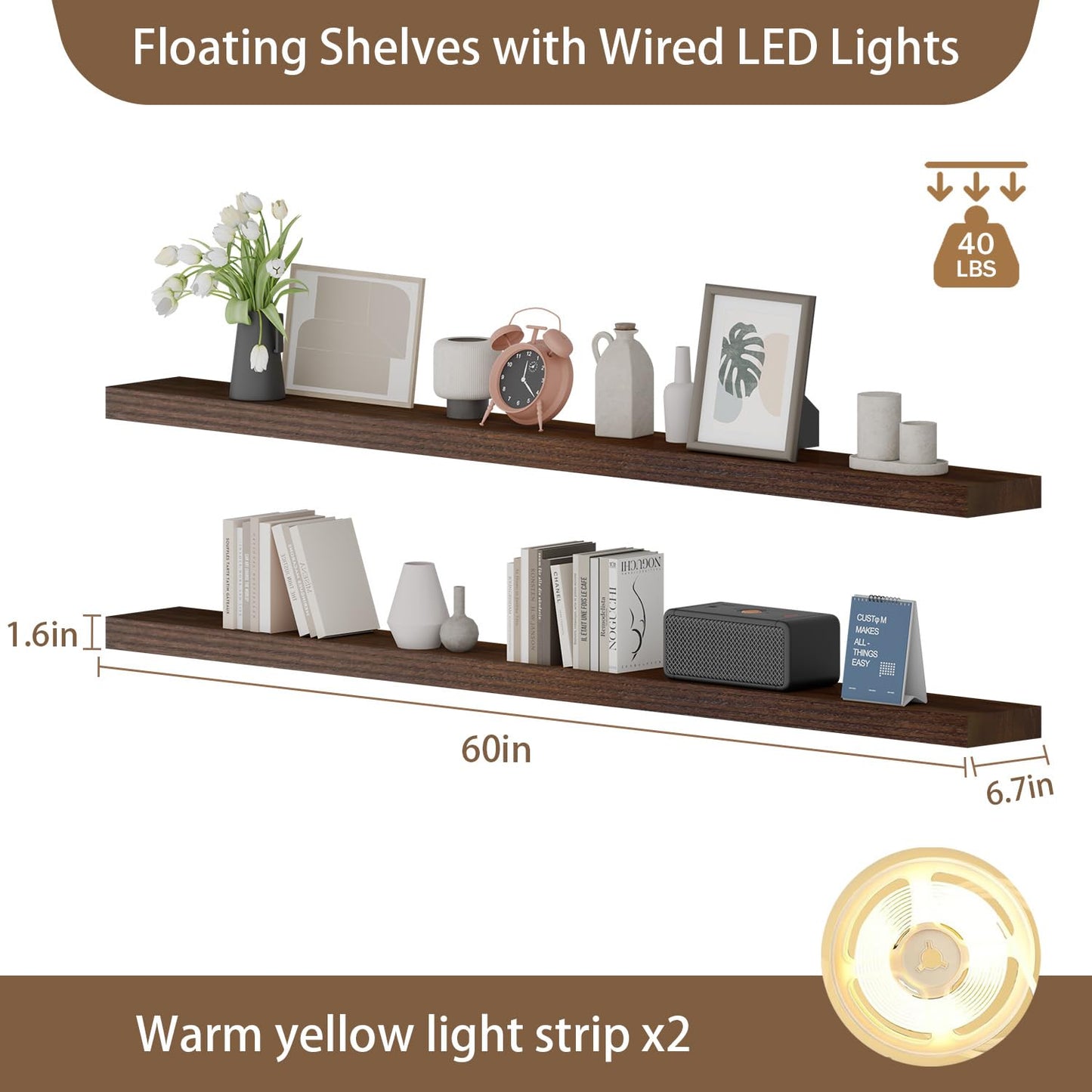 ONOTETUT 60 inch LED Gaming Floating Shelves for Wall,Solid Wood Long Wall Shelves Set of 2 with Light for Gaming Room,Walnut Rustic Wall Mounted Shelves for Living Room Bedroom Kitchen Garage