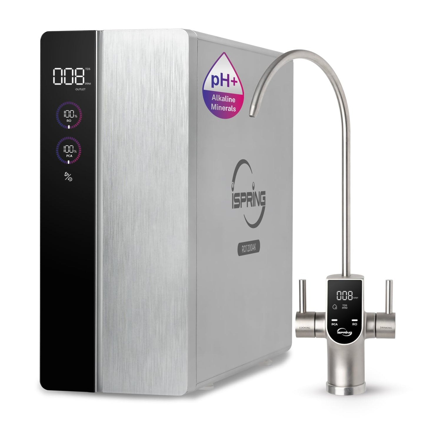 iSpring RO1200AK Dual-Flow Reverse Osmosis Water Filter, 1200 GPD Under Sink Tankless RO System, pH+ Alkaline Remineralization, 3:1 Pure to Drain, Auto Flush, TDS PFAS Reduction, Filter Reminder