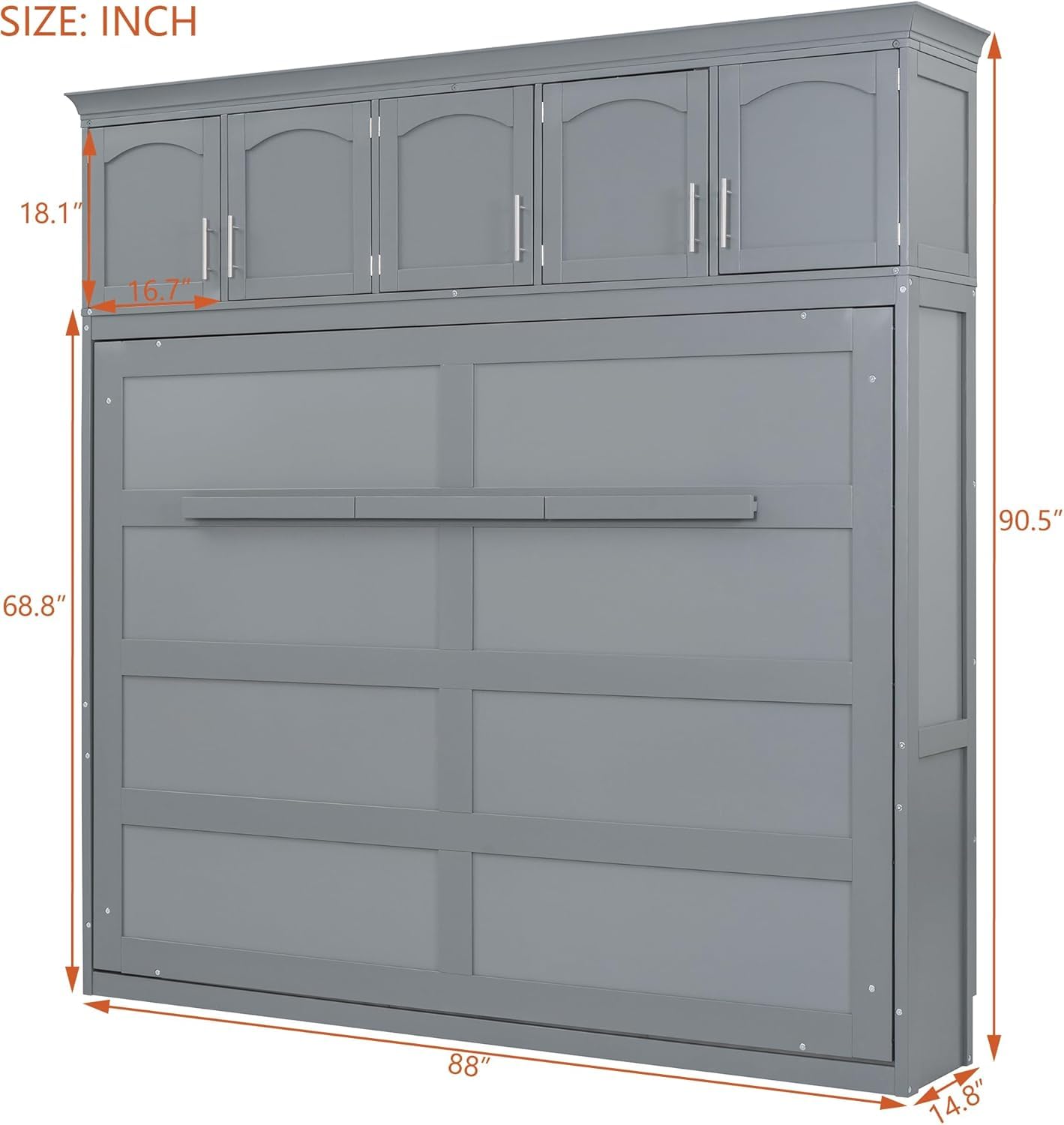 MERITLINE Queen Horizontal Murphy Bed with Storage Cabinet,Wood Grey Murphy Wall Bed Queen Folding Adult Murphy Bed Queen Size