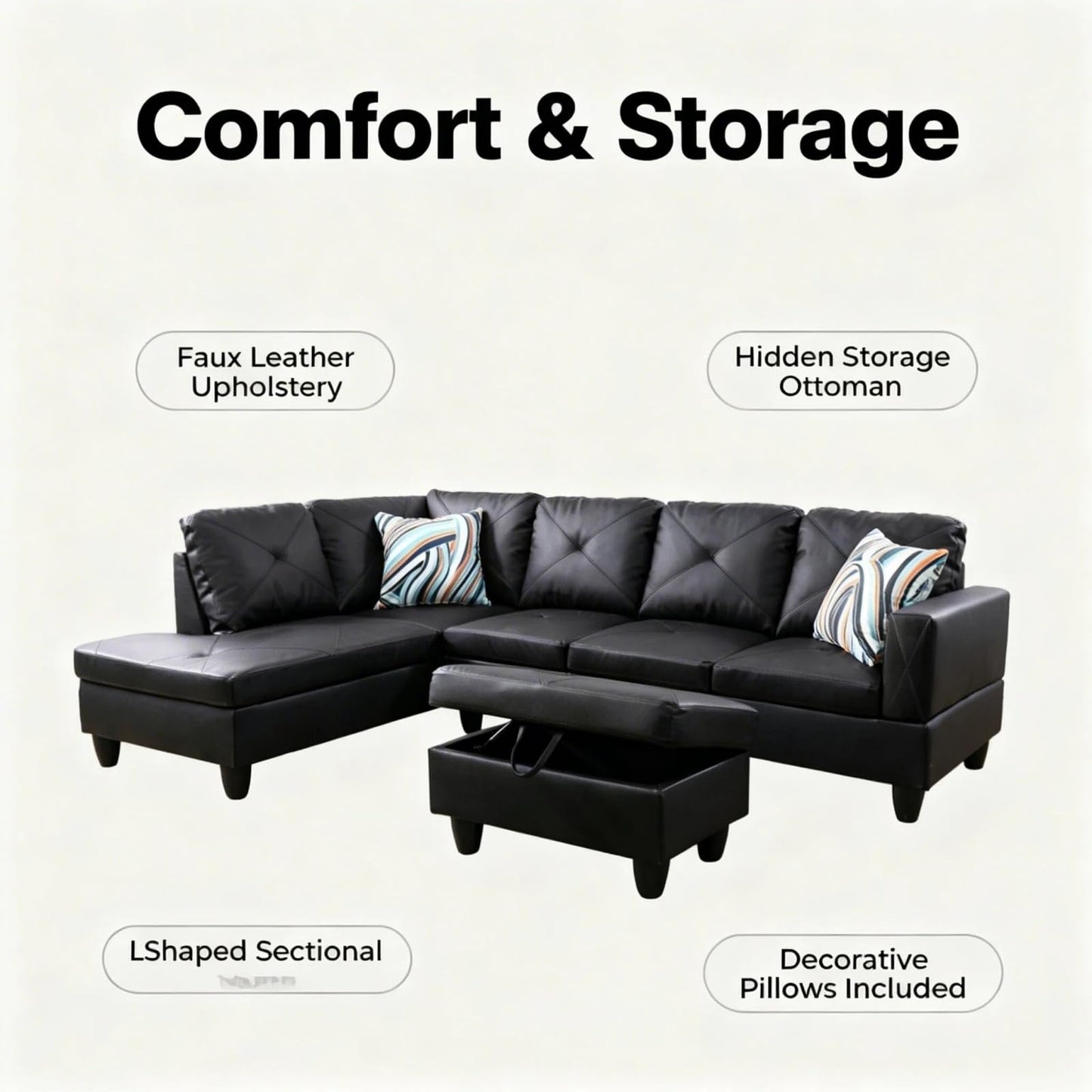 Trygoal 97 inch L-Shape Sofa with Storage Ottoman, Leather Sectional Couch with Left Chaise, Modern 3-Piece Sofa Set, Upholstered Couch Set with Solid Wood Frame for Apartment, Loft, Black