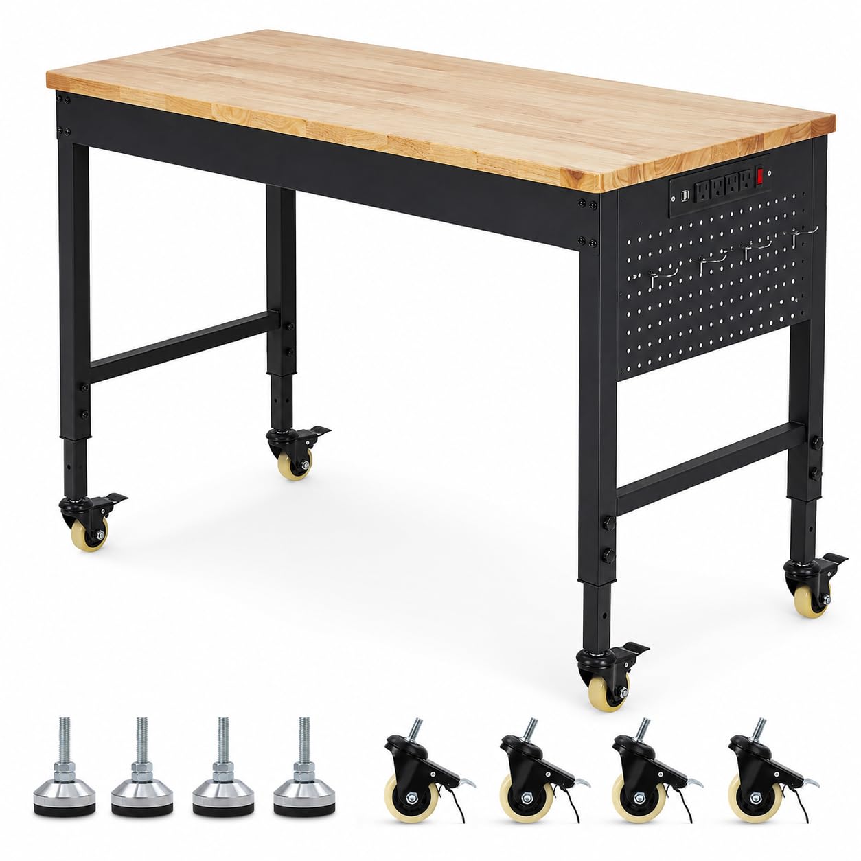 60"x22"x1.2" Heavy Duty Adjustable Workbench with Rubber Wood Top, 9 ft Power Strip, 2000 LBS Load Capacity, Lockable Wheels, ETL Certified, Black Garage & Office Table