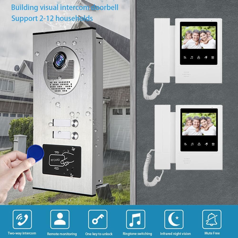 Video Intercom System for Apartment,4.3 inch Monitor Wired Video Door Kit,Indoor Outdoor Video Intercom System, Doorphone Telephone Style, ID Card Unlocking (1 Doorbell + 2 Monitor)