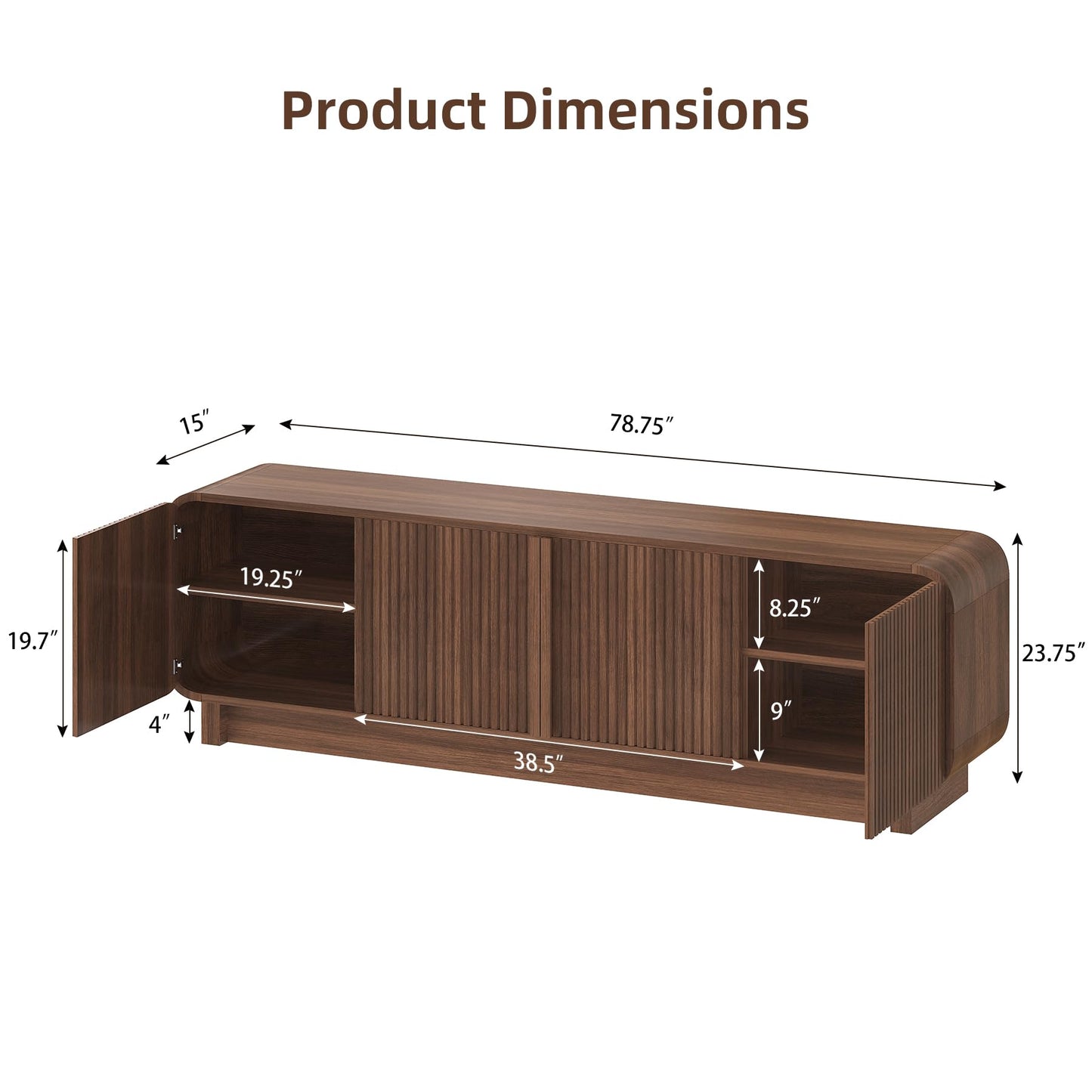 78.75" Fluted TV Stand with Storage Cabinets, Rounded Edge Entertainment Center, Mid-Century Media Console for Living Room Hallway, Walnut