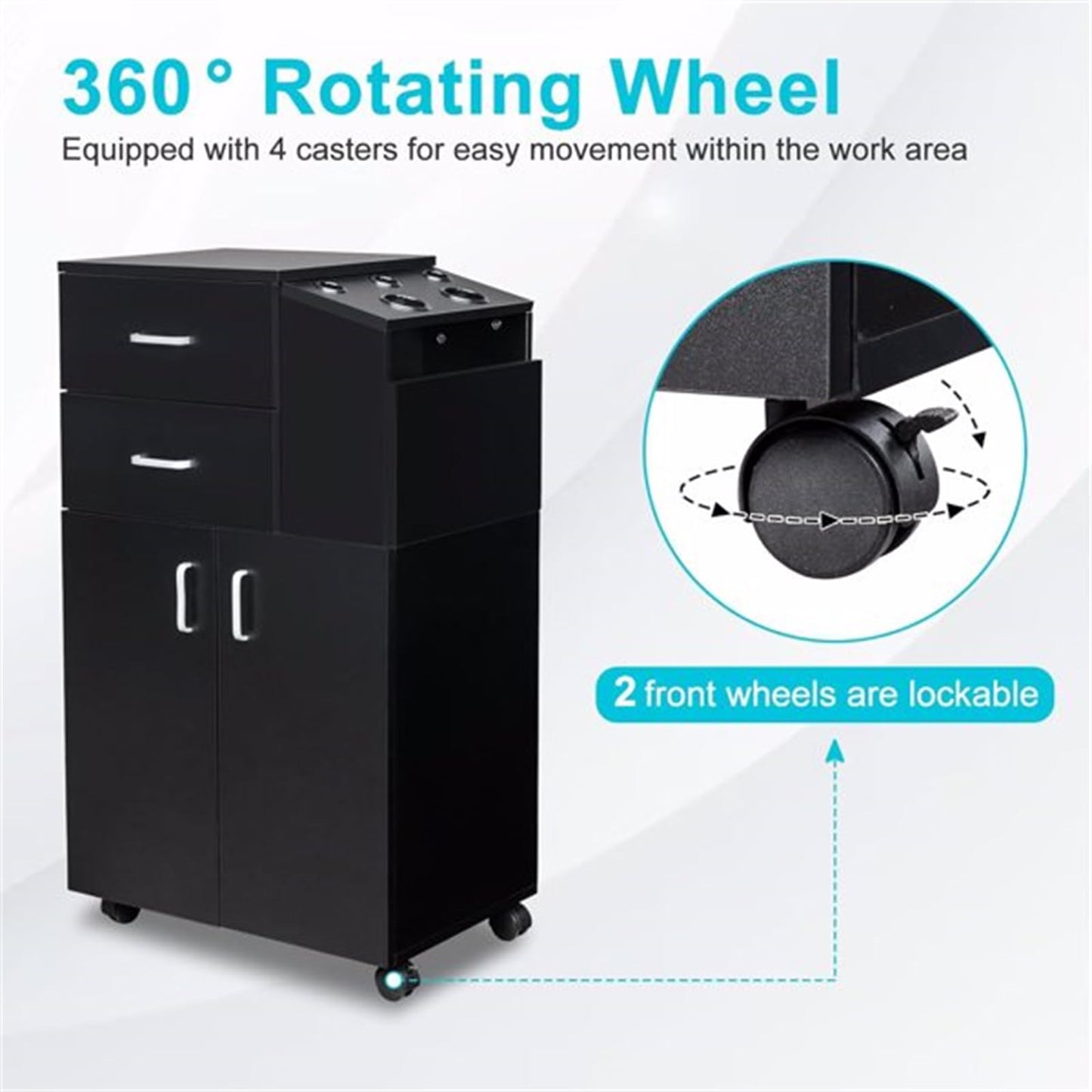 CUIYMXSC Rolling Salon Station, Beauty Salon Storage Cabinet Trolley, with 5 Hair Dryer Holders, 2 Drawers, Barber Styling Station, Tool Cart for Stylist Hair Salon Barber Shops