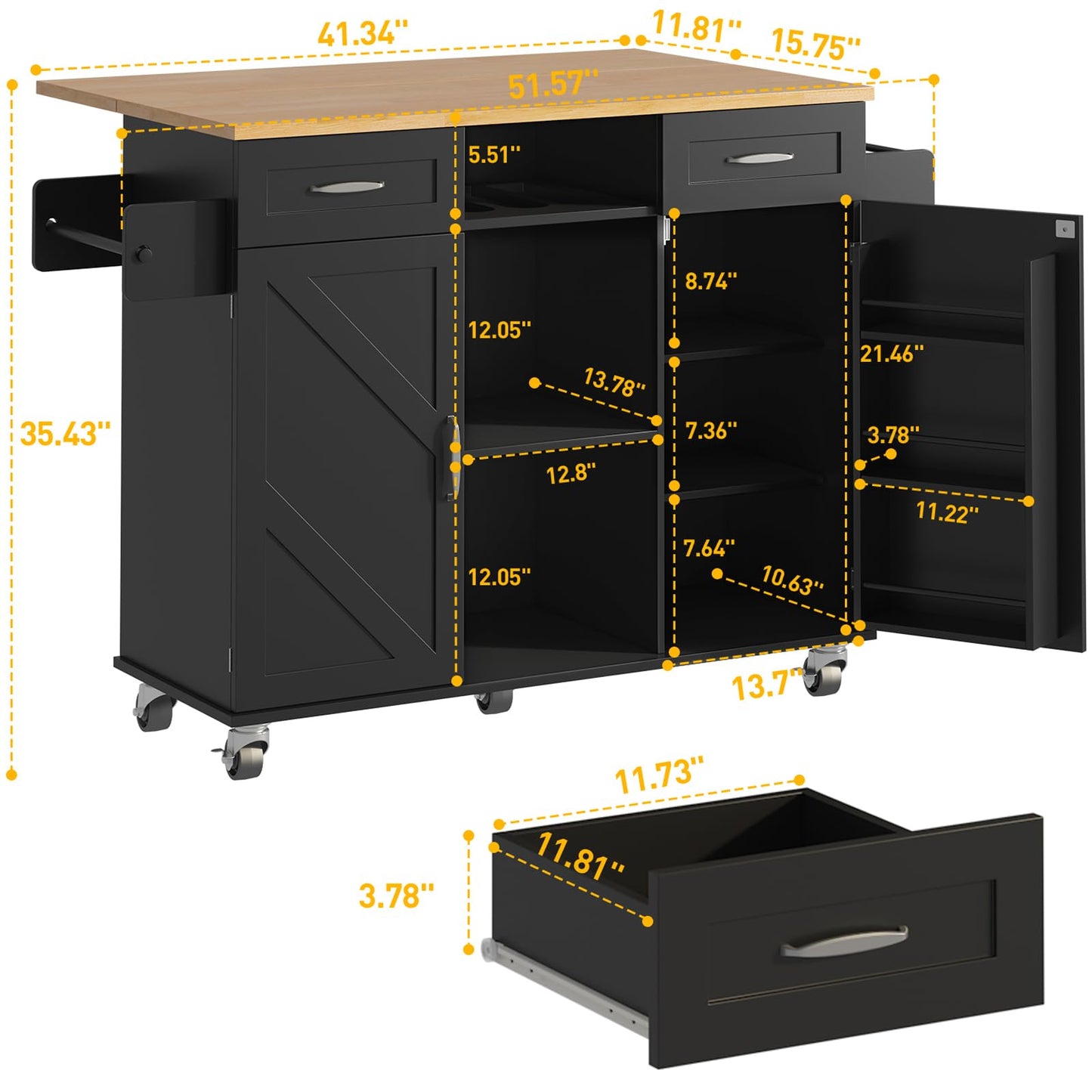 knoworld 51.5'' Rolling Kitchen Island with Storage Cabinet & Drawers, Drop Leaf Kitchen Cart on Wheels, Farmhouse Portable Mobile Islands, Large Butcher Block Table with Tower/Spice Rack, Black
