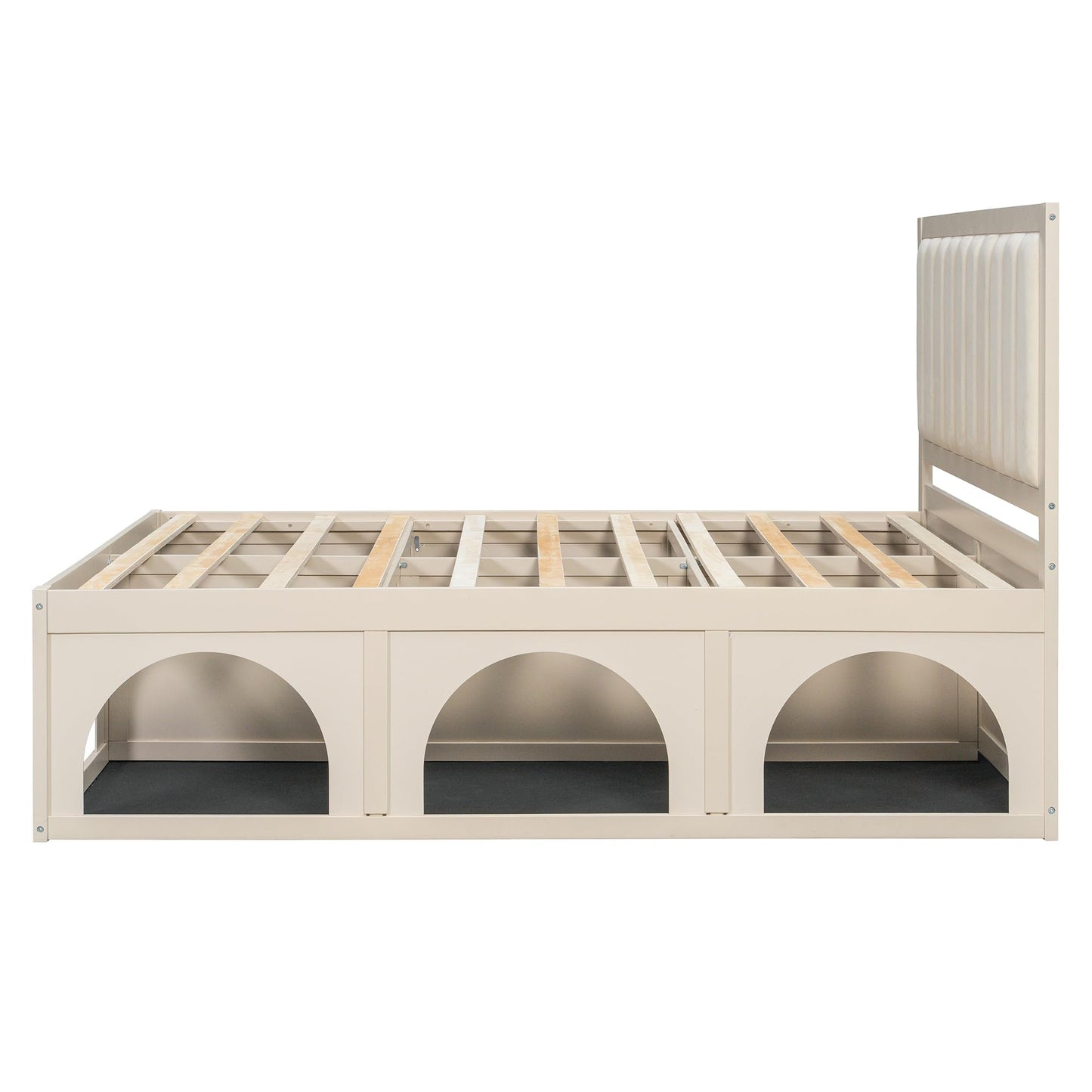 Christopher Knight Home Queen Size Pet-Friendly Platform Bed Frame with Upholstered Headboard, Elevated Bed with Under-Bed Pet Nook and Storage Space, Wood Slat Support, No Box Spring Needed, Beige