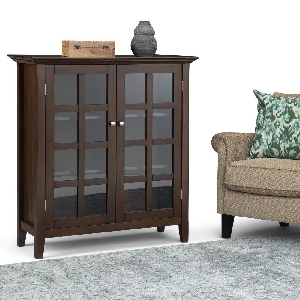 SIMPLIHOME Acadian Storage Cabinet - 39 inch Wide Solid Wood 4-Shelf Display Cabinet in Natural Aged Brown, Transitional Cupboard for Living Room or Dining Room with Glass Doors and Adjustable Shelves