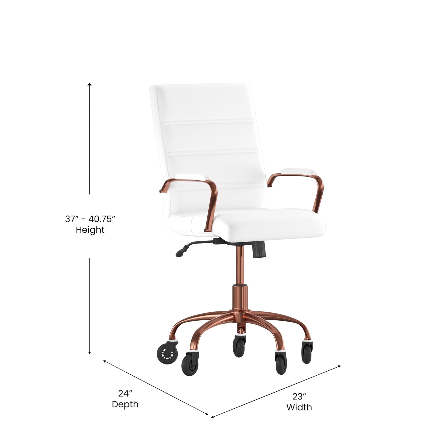 Flash Furniture Camilia Mid-Back White LeatherSoft Executive Swivel Office Chair with Rose Gold Frame, Arms, and Transparent Roller Wheels