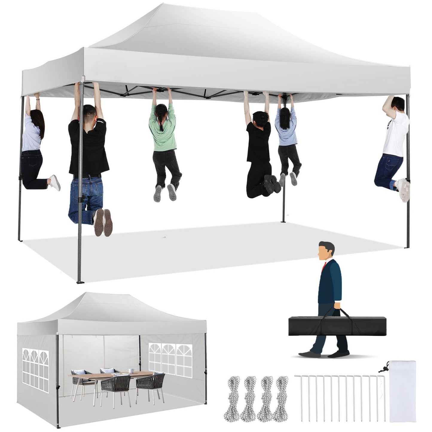 COBIZI 10x15 Pop up Canopy Tent Heavy Duty, Easy Set-up Commercial Outdoor Party Tent, 100% Waterproof Wedding Tents Gazebo, 3 Height Adjustable with Handbag, White