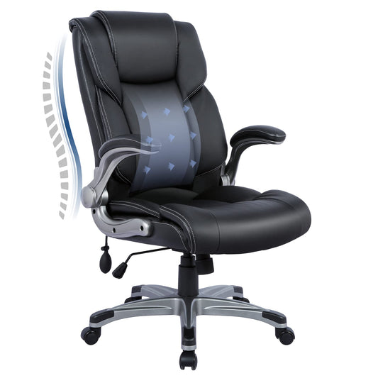 COLAMY High Back Executive Office Chair,Leather Desk Chair with Flip-Up Arms, Adjustable Lumbar Support, Synchro Tilt & Rocking Function, Rolling Swivel Computer Chair for Home & Office, Black