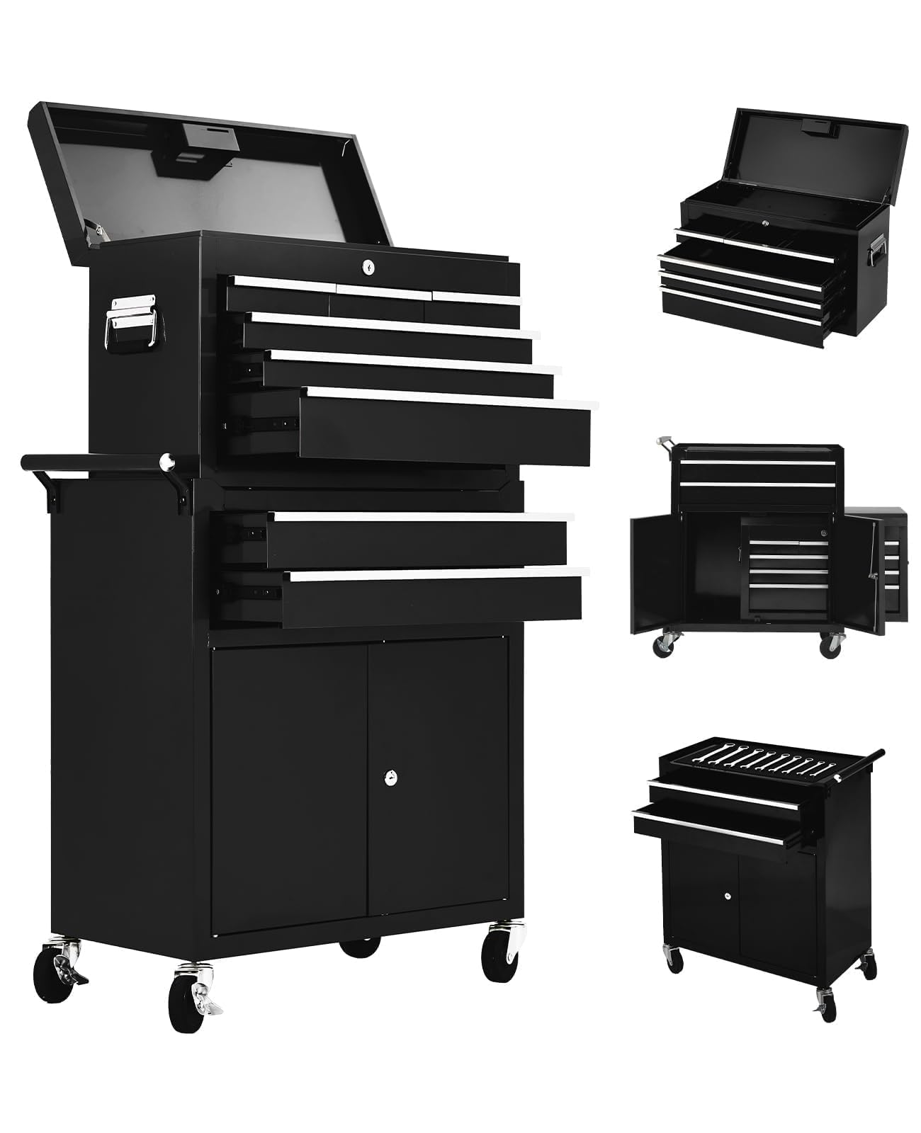 8-Drawer Rolling Tool Chest, with Wheels and Lock, Portable Storage Organizer, Secure Toolbox with Key System, Mobile Cabinet for Workshop, Repair Shop, Warehouse, Black