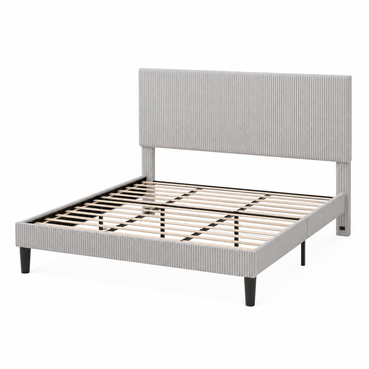 SHA CERLIN King Bed Frame, Velvet Platform Bed Frame with Vertical Channel Tufted Headboard, Upholstered Corduroy, Strong Wooden Slats, No Box Spring Needed, Easy Assembly, Light Grey