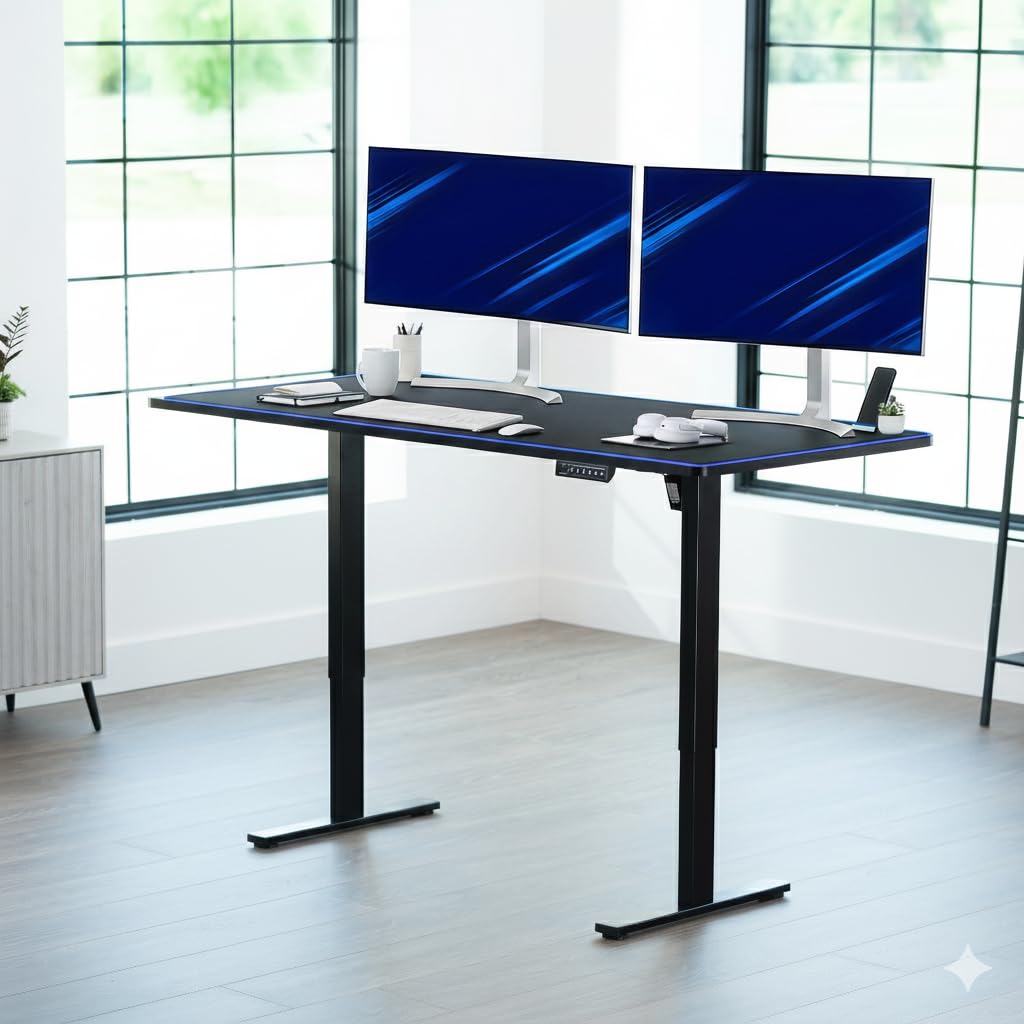 VIVO Electric 71 x 30 in Standing Desk with Full-Size RGB Mouse Pad, Memory Height Adjustment, 1B Series, Holds 220 lbs, Black Top Black Frame, DESK-KIT-1B7BP