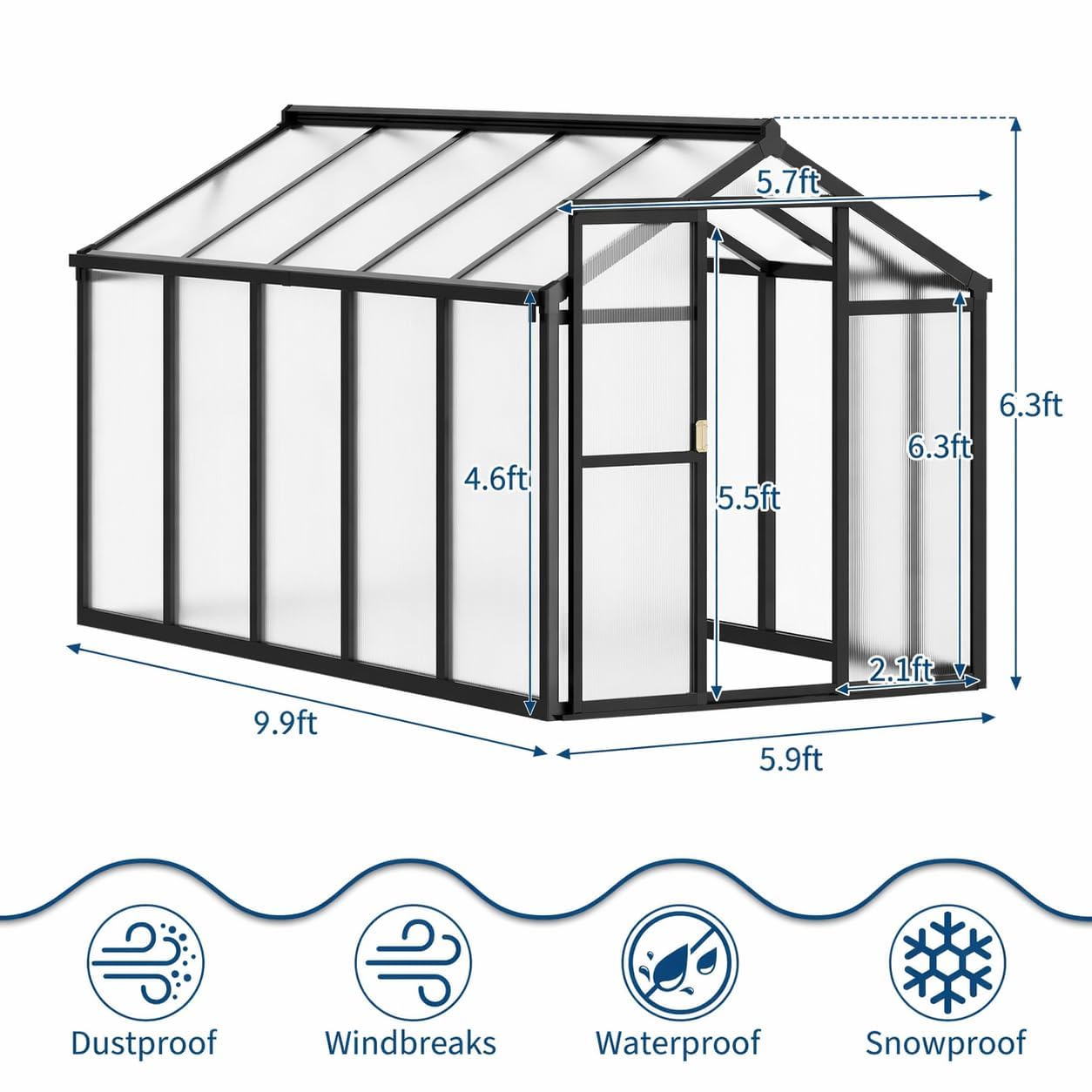 6x10 FT Greenhouse, Easy Assembly Aluminum Polycarbonate Greenhouses for Outdoors with Roof Vent, Large Aluminum Walk-in Greenhouse for Sunroom Patio, Backyard, Garden, Sliding Lockable Door, Black