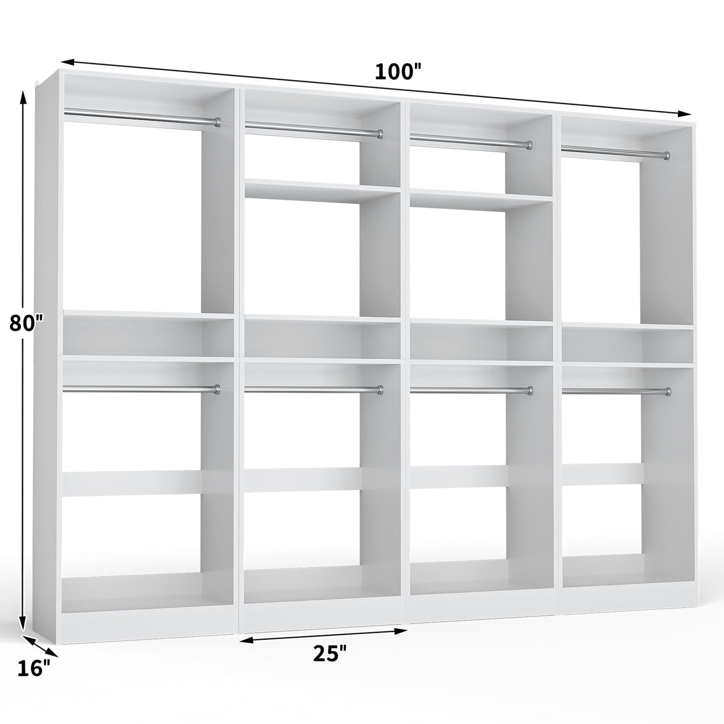 Unikito 100” Closet System, 8.3FT Wood Closet Storage Organizer with 8 Hanging Rods, Adjustable Large Walk in Wardrobe Closet Tower, Sturdy Clothes Garment Rack, Easy Assembly, Set of 4, White