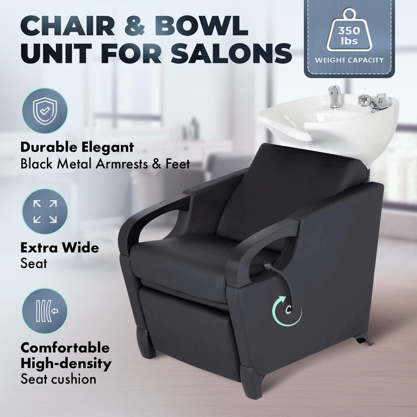 Buy-Rite Luna Noir Shampoo Backwash Unit for Professional Salons - Extra Wide Seat, Black Metal Armrests & Feet, Lever-Activated Leg Rest, Tilting White Porcelain Bowl, YLG-583-1-BLACK