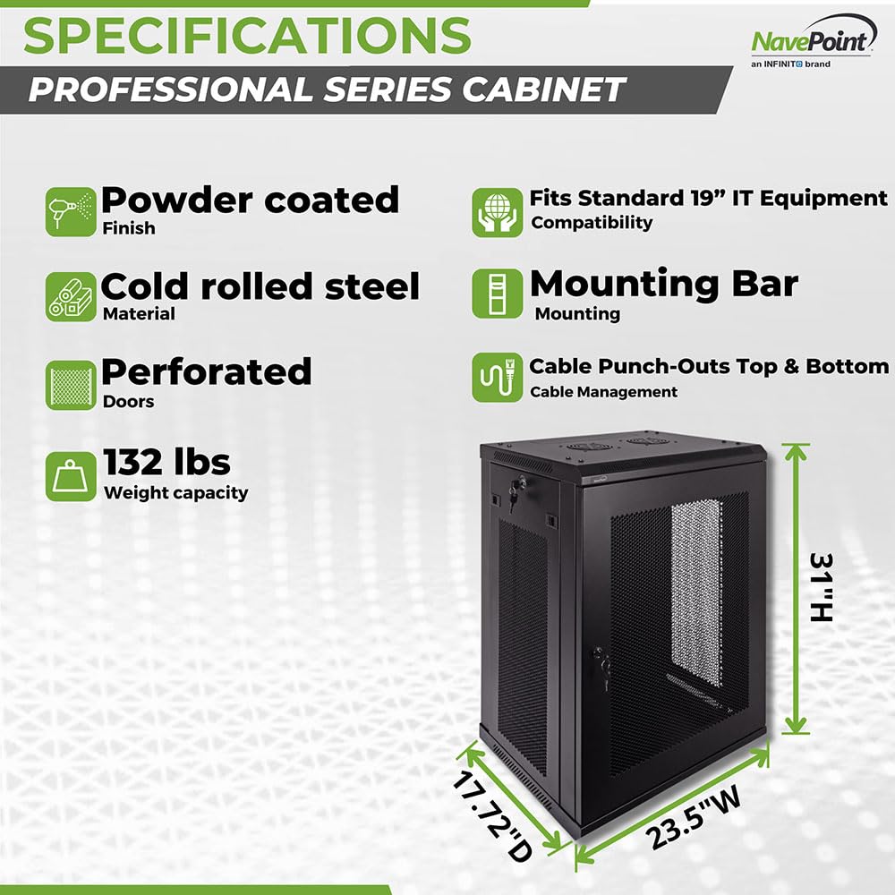 NavePoint 15U Server Rack Enclosure - 17.7” Deep, Wall Mount Network Cabinet with Locking Perforated Door, 19” IT Equipment Compatible, Network Rack, Removable Side Panels, Black