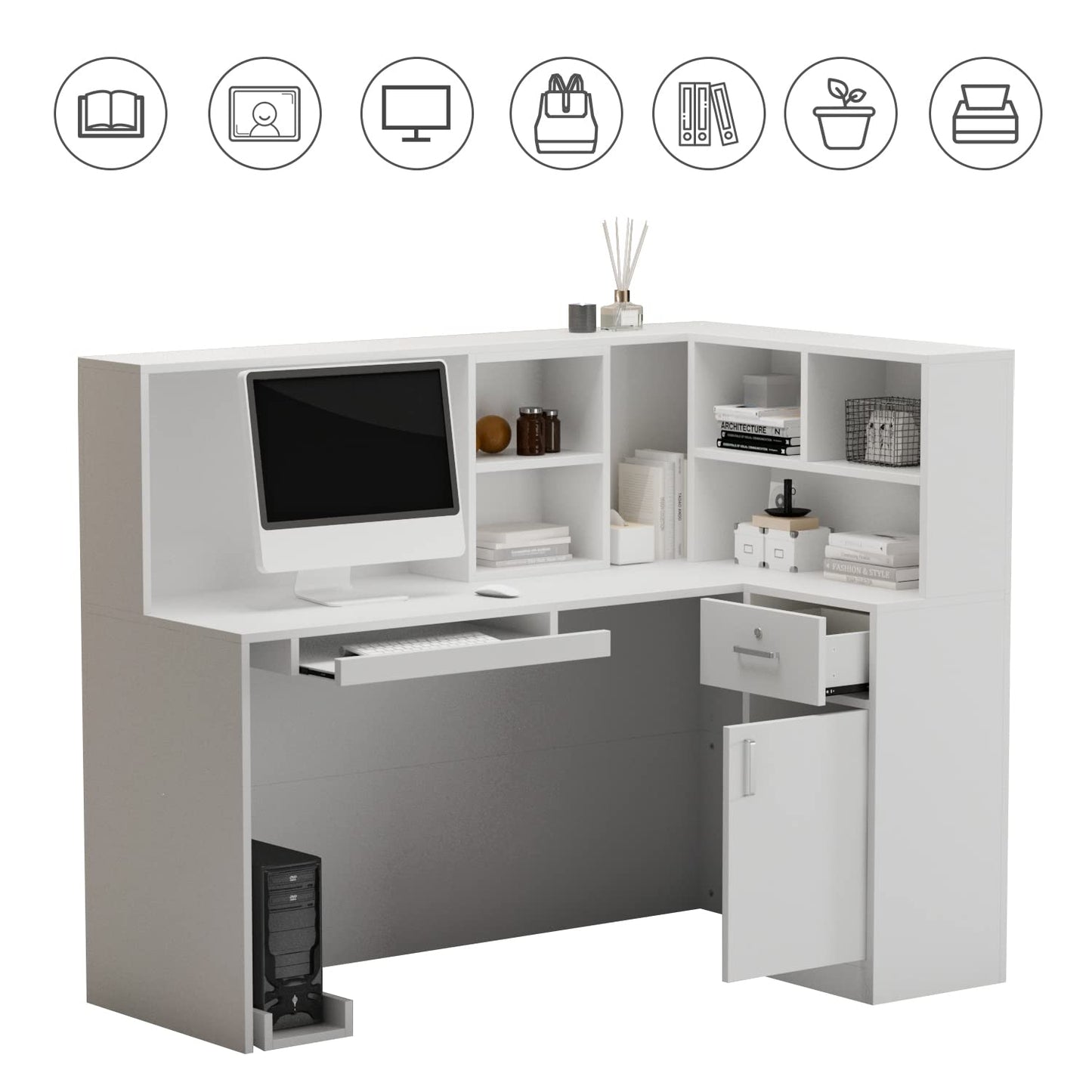 AIEGLE Reception Desk with Counter Drawers & Storage Shelves, L-Shaped Reception Counter Table for Salon Reception Room Checkout Office, White (55.9" L x 32.3" W x 48.4" H)