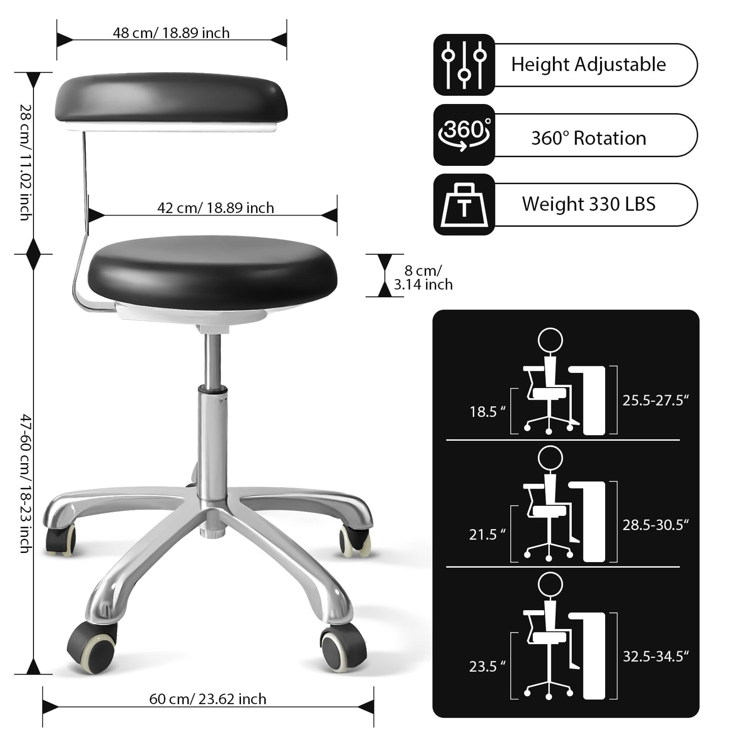 DENGTELI Medical Stool on Wheels with 360 Degree Swivel Armrests, Height Adjustable PU Leather Stool, Salon, Shop, Home and Dental Assistant Chair, Black