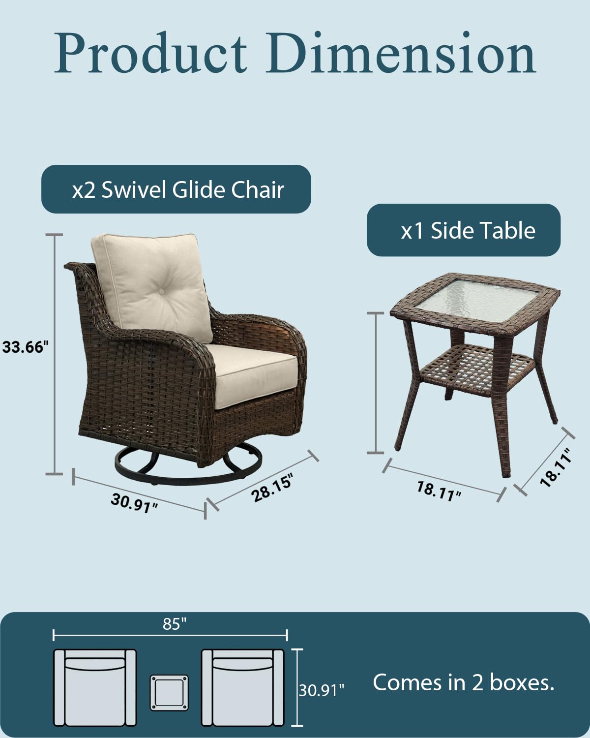 ADRERIC Luxury Patio Conversation Set, 3-Piece Ergonomic High Back Wicker Swivel Chair Set with 6-Inch Deep Seating Cushions, Large Patio Furniture Set for Garden, Deck & Balcony, Beige