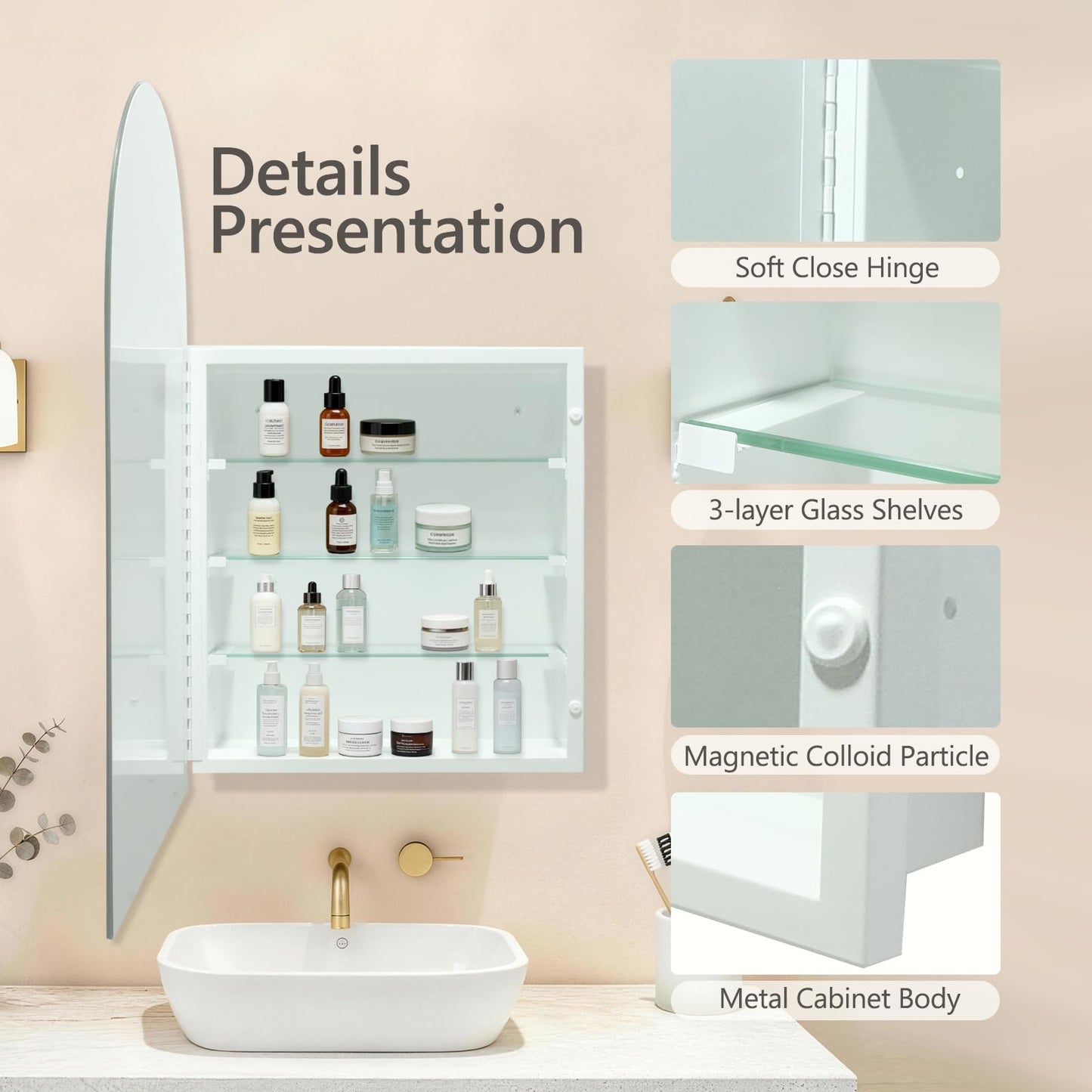HESONTH Arched Medicine Cabinet with Mirror, 20x30 Inch, Wall Cabinet with Frameless Mirror, Recessed Or Surface Mount for Bathroom Bedroom with Storage, Bathroom Medicine Cabinet