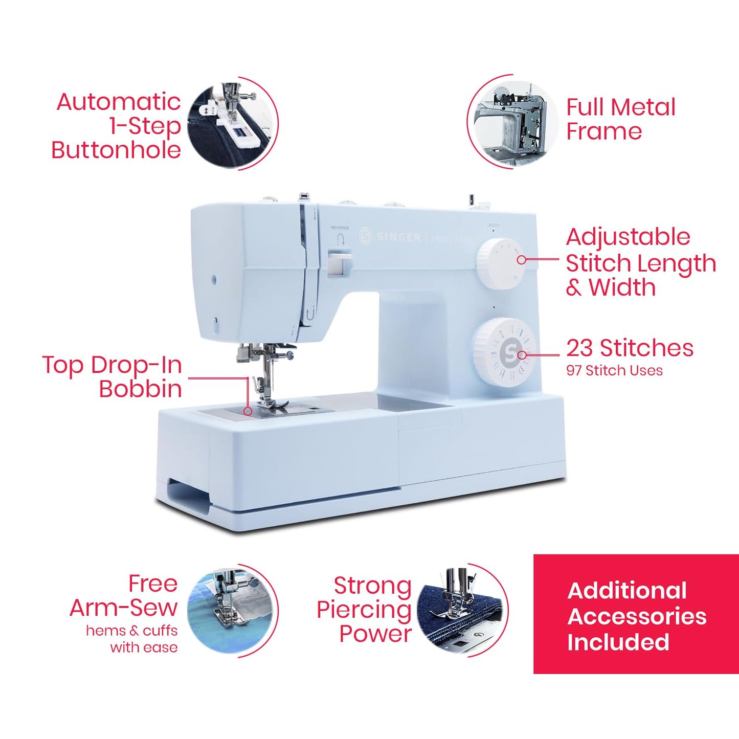 SINGER® HD 4423 (Meltwater Blue) High Speed Sewing Machine + Accessories | 23 Built-In Stitches Deliver 97 Stitch Applications | 50% More Power, 1100 Stitches/Min | Metal Frame, 1-Step Buttonhole