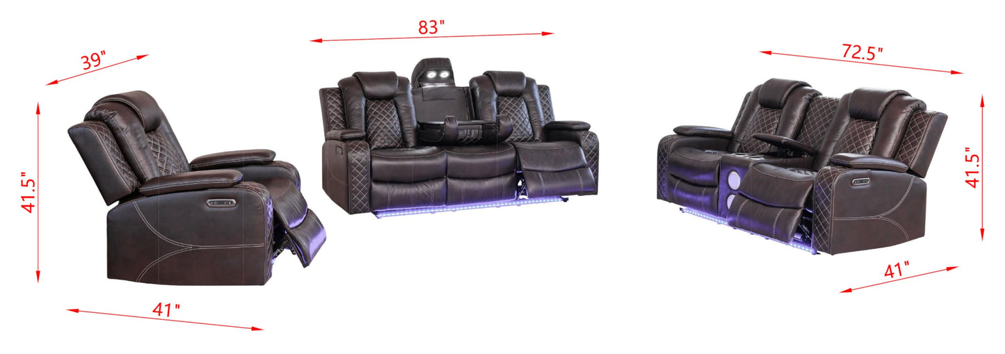 Ball & Cast Power Recliner Sofa Set Leather Reclining Couch Home Theater Seating 3PCS Recliner Couch Loveseat & Chair Sets with USB Ports,Wireless Charing,Cup Holders for Home Theater,Living Room