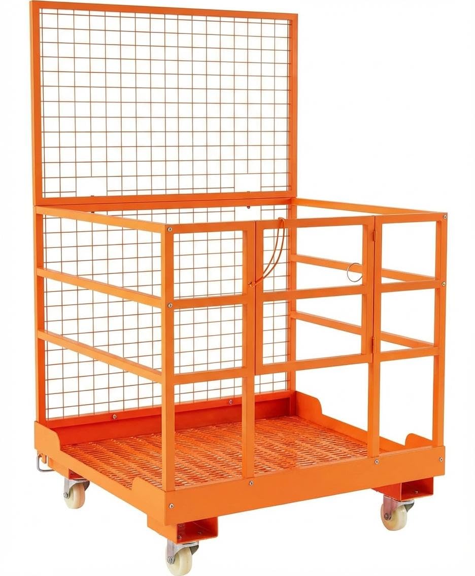 43x45 in Forklift Safety Cage Man Basket, 1800 LB Capacity, Heavy Duty Steel Forklift Work Platform with Railing & Wheels for Warehouse Factory Maintenance, Orange