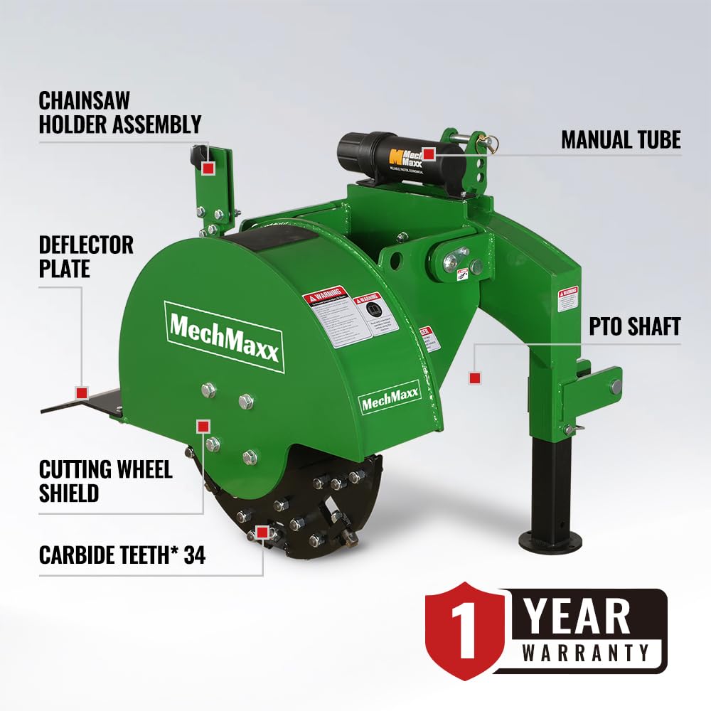 MechMaxx Heavy Duty 3-Point PTO Powered Stump Root Grinder For 15-45HP Tractors With 34 Carbide Teeth, 6'' Cutting Depth, 24'' Flywheel Diameter, Model SG24 Green